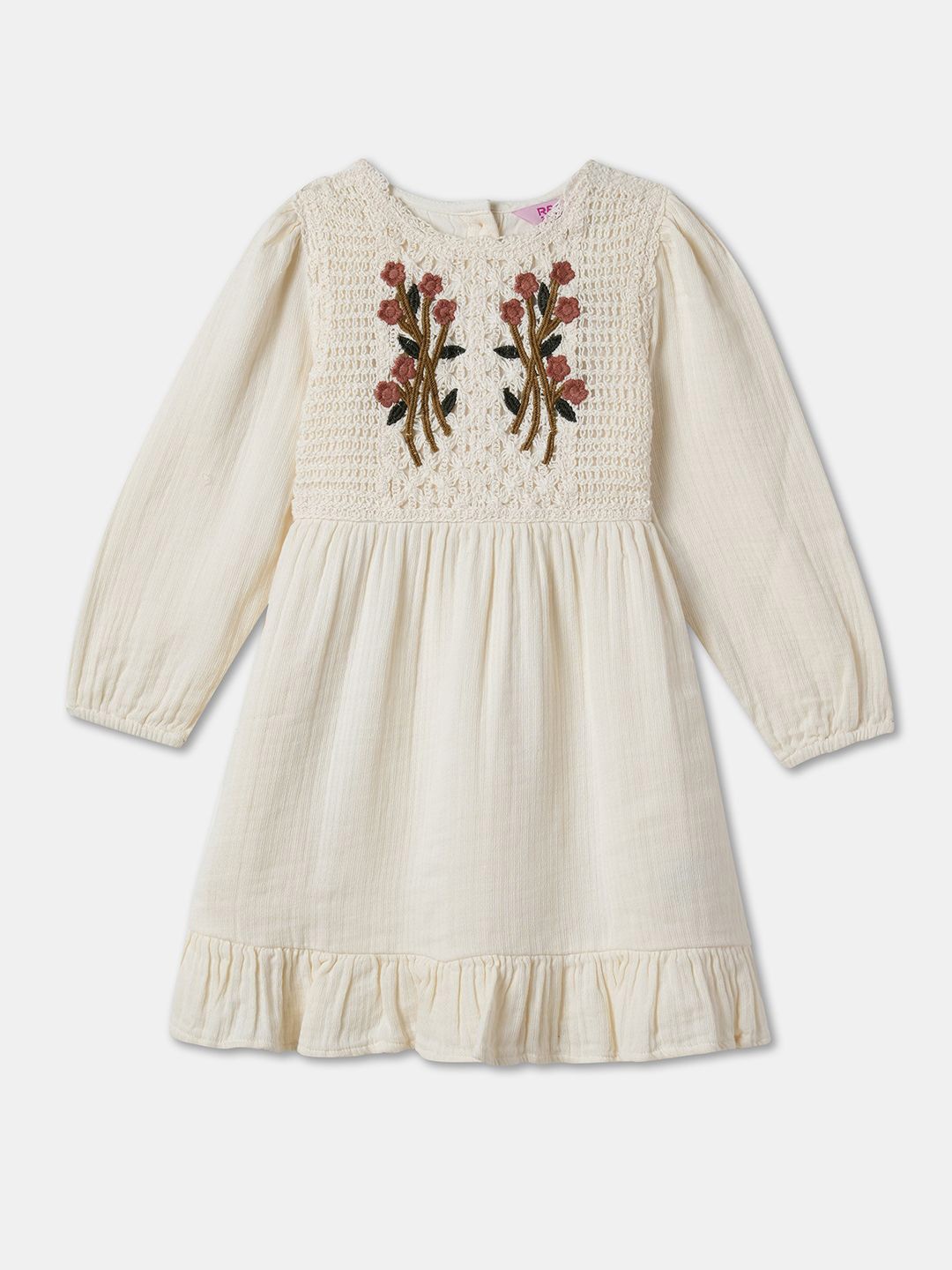 

R&B Girls Cotton Embroidered Puff Sleeve Fit and Flare Dress, White