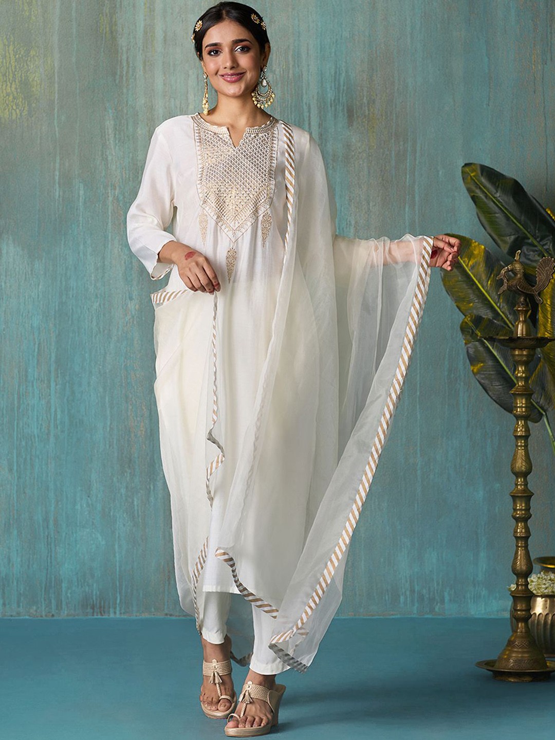 

Likha Women Floral Yoke Design Regular Sequinned Chanderi Silk Kurta with Pyjamas & With Dupatta, White