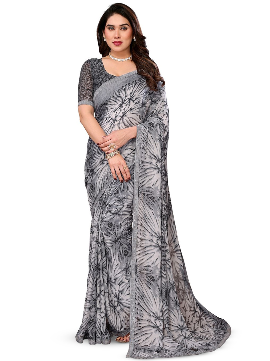 

ANAND SAREES Floral Beads and Stones Pure Georgette Saree, Grey