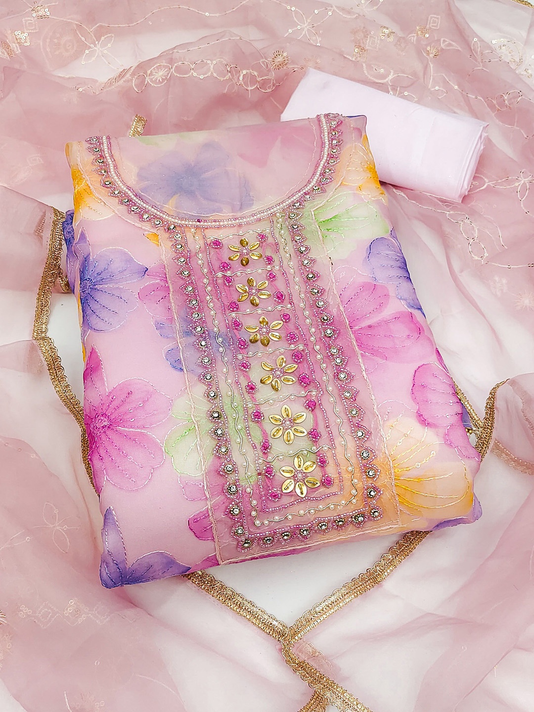 

KIMISHA Embellished Unstitched Dress Material, Pink