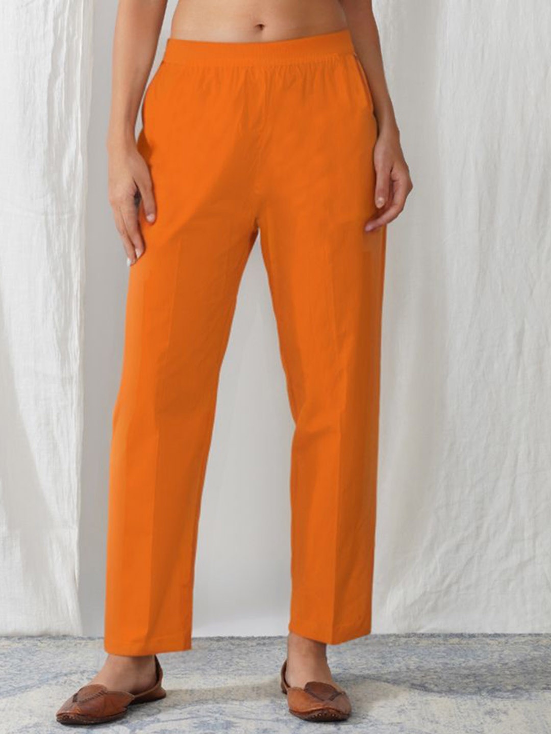 

zuri Women Cotton Relaxed Straight Leg Pleated Trousers, Orange