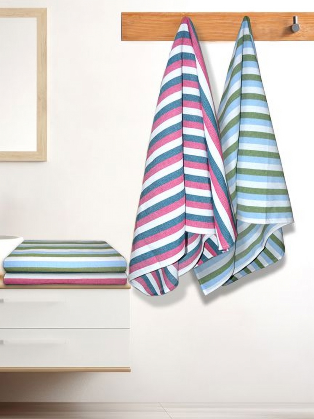 

Athom Living Pink & Blue 4 Pieces Striped Cotton 210 GSM Bath Towel