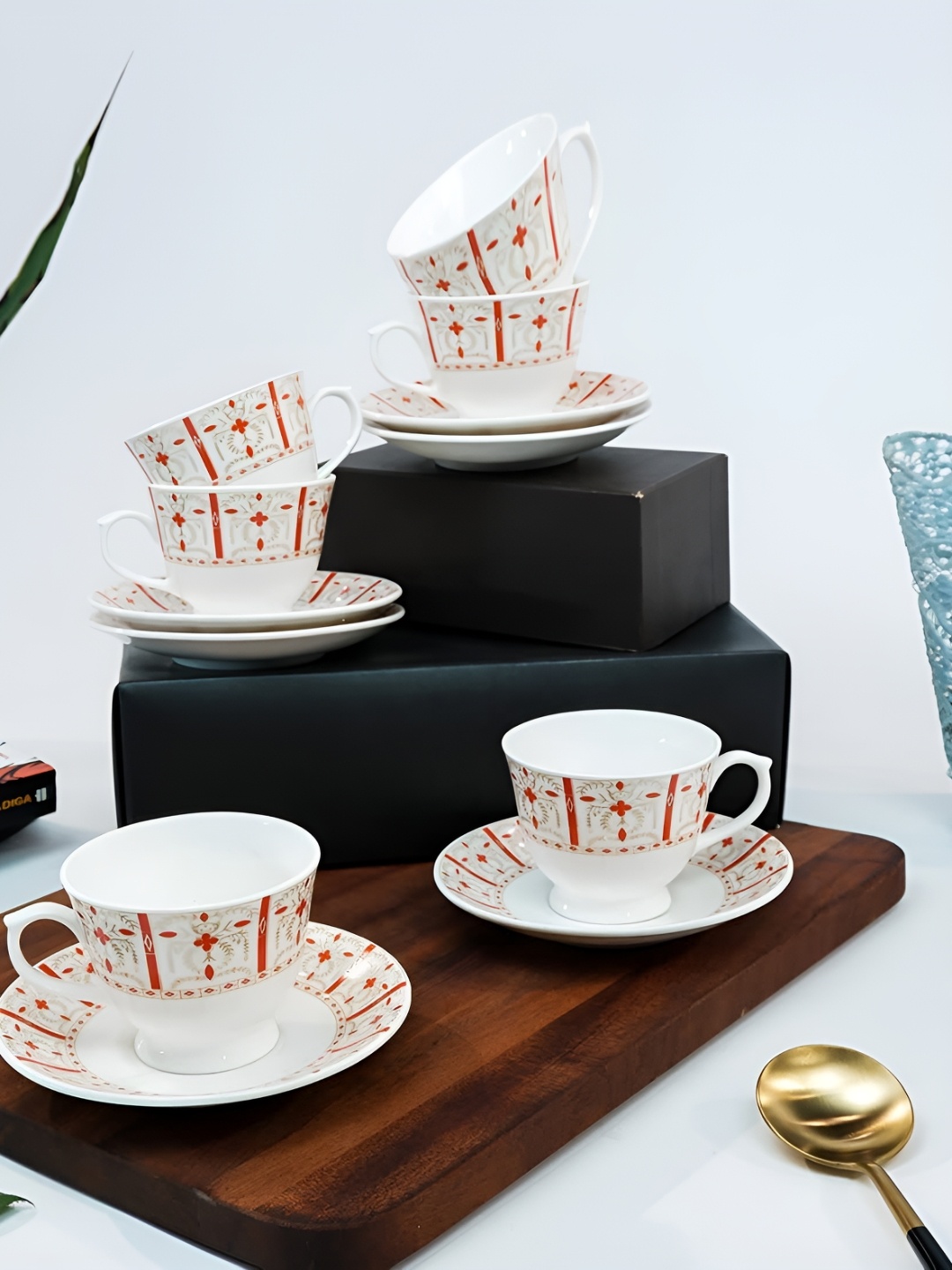 

UPC Set of 6-Premium Ceramic Printed Glossy Cups & Saucers, Cream