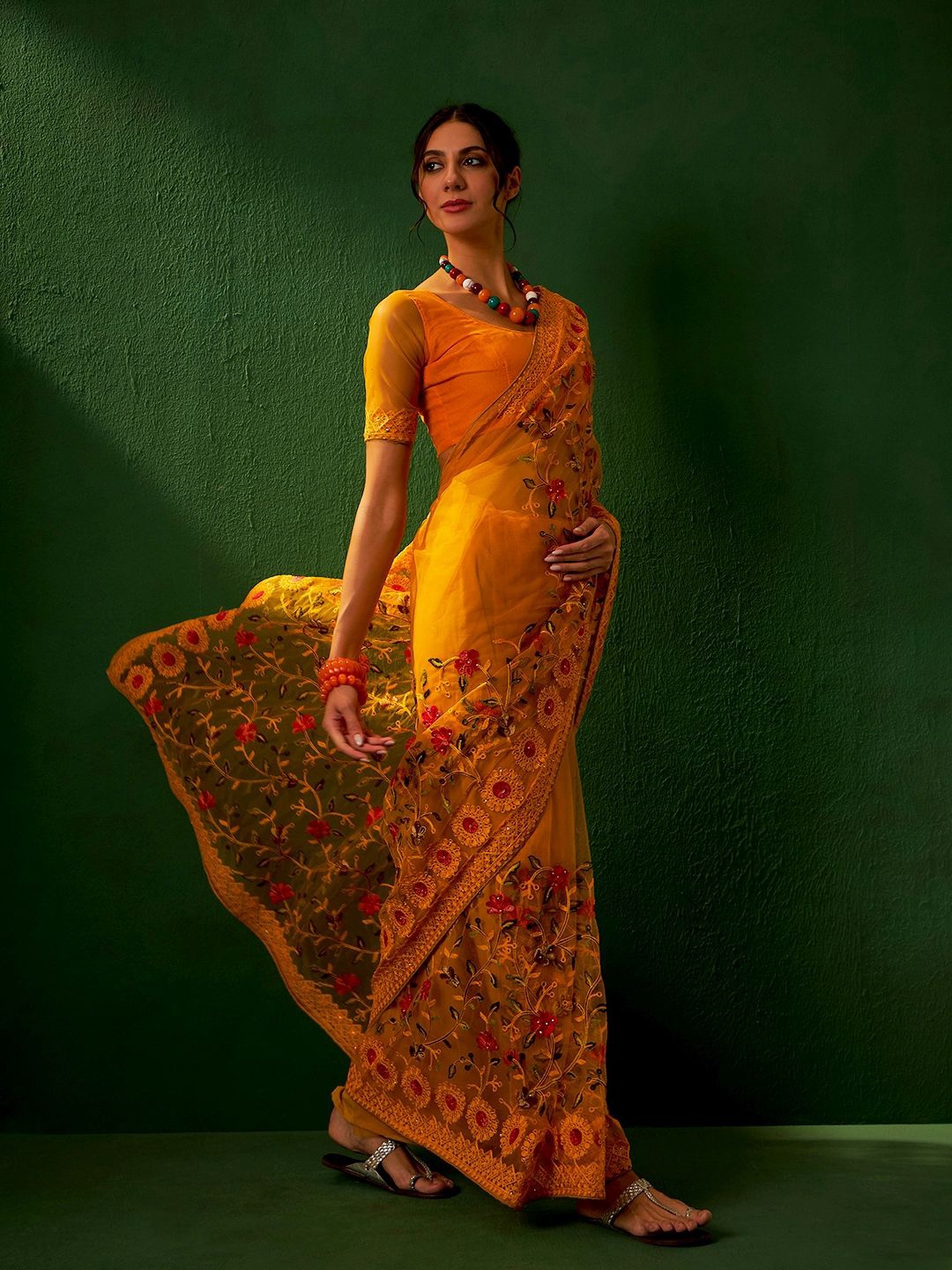 

Suha Embellished Embroidered Supernet Designer Saree, Mustard