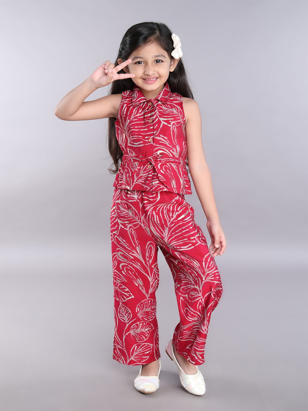 

taffykids Girls Printed Top with Palazzos, Maroon