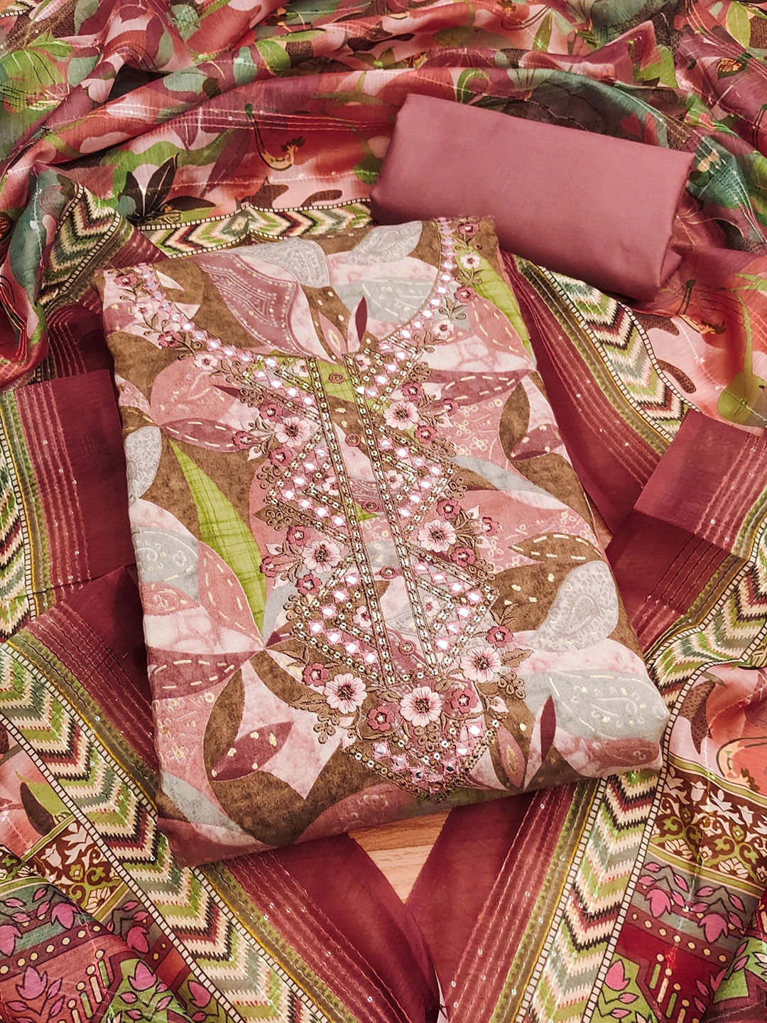 

KALINI Printed Unstitched Dress Material, Rust