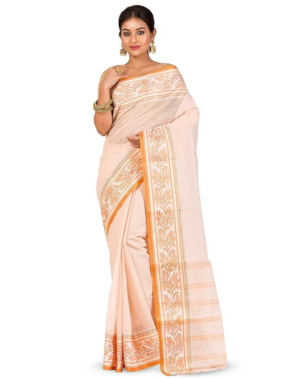 

RAJ SAREE HOUSE Zari Pure Cotton Taant Saree, Cream