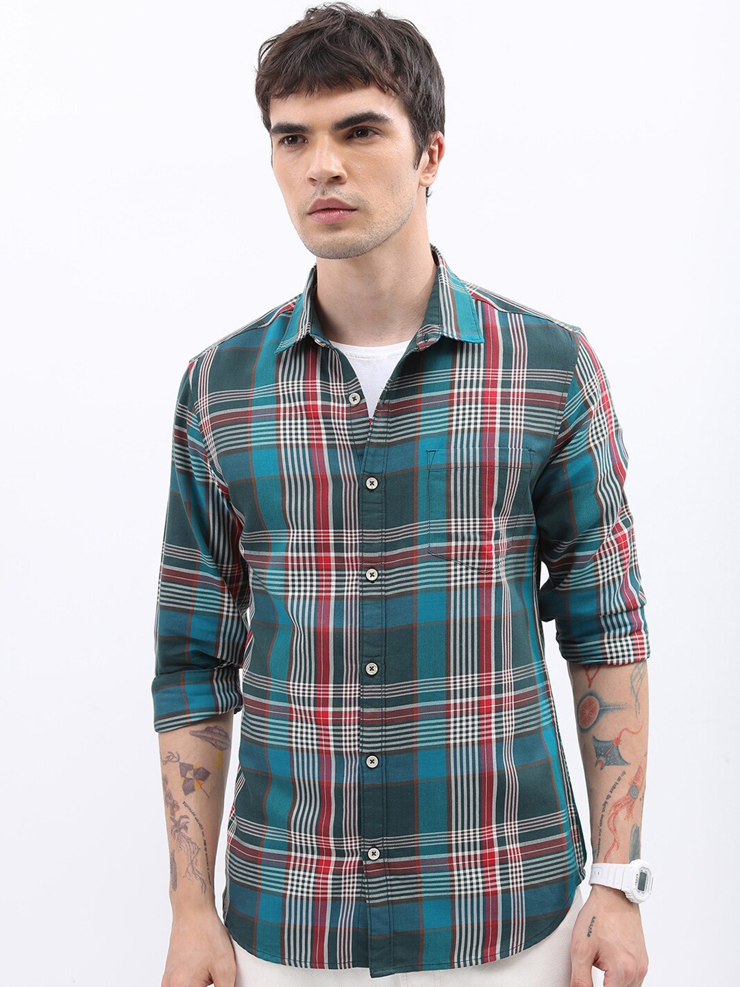 

HIGHLANDER Slim Fit Tartan Checks Opaque Casual Shirt, Green