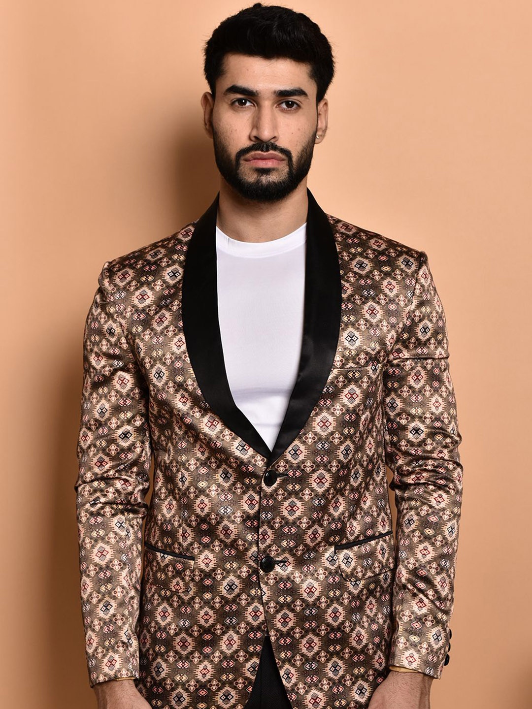 

PRINTINDIA Printed Slim-Fit Single Breasted Blazer, Brown