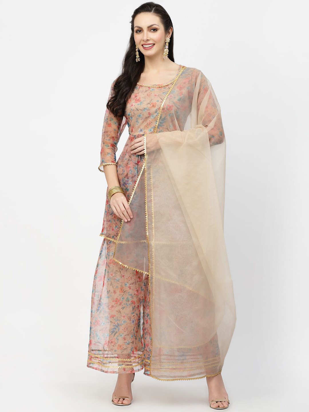 

Fabway Clothing Women Floral Printed Pleated Gotta Patti Kurta with Sharara & With Dupatta, Beige
