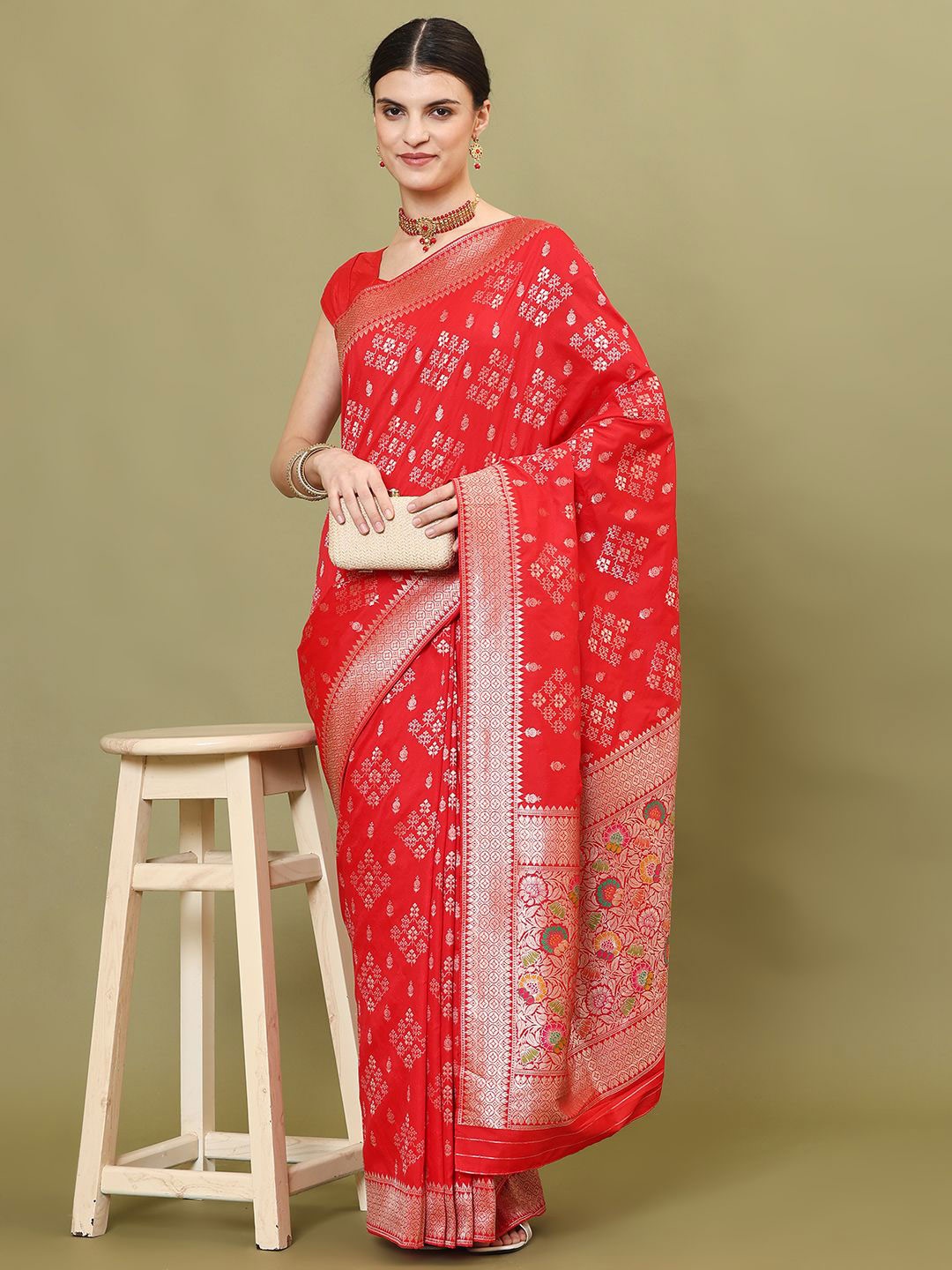 

Meena Bazaar Woven Design Zari Art Silk Banarasi Saree, Red