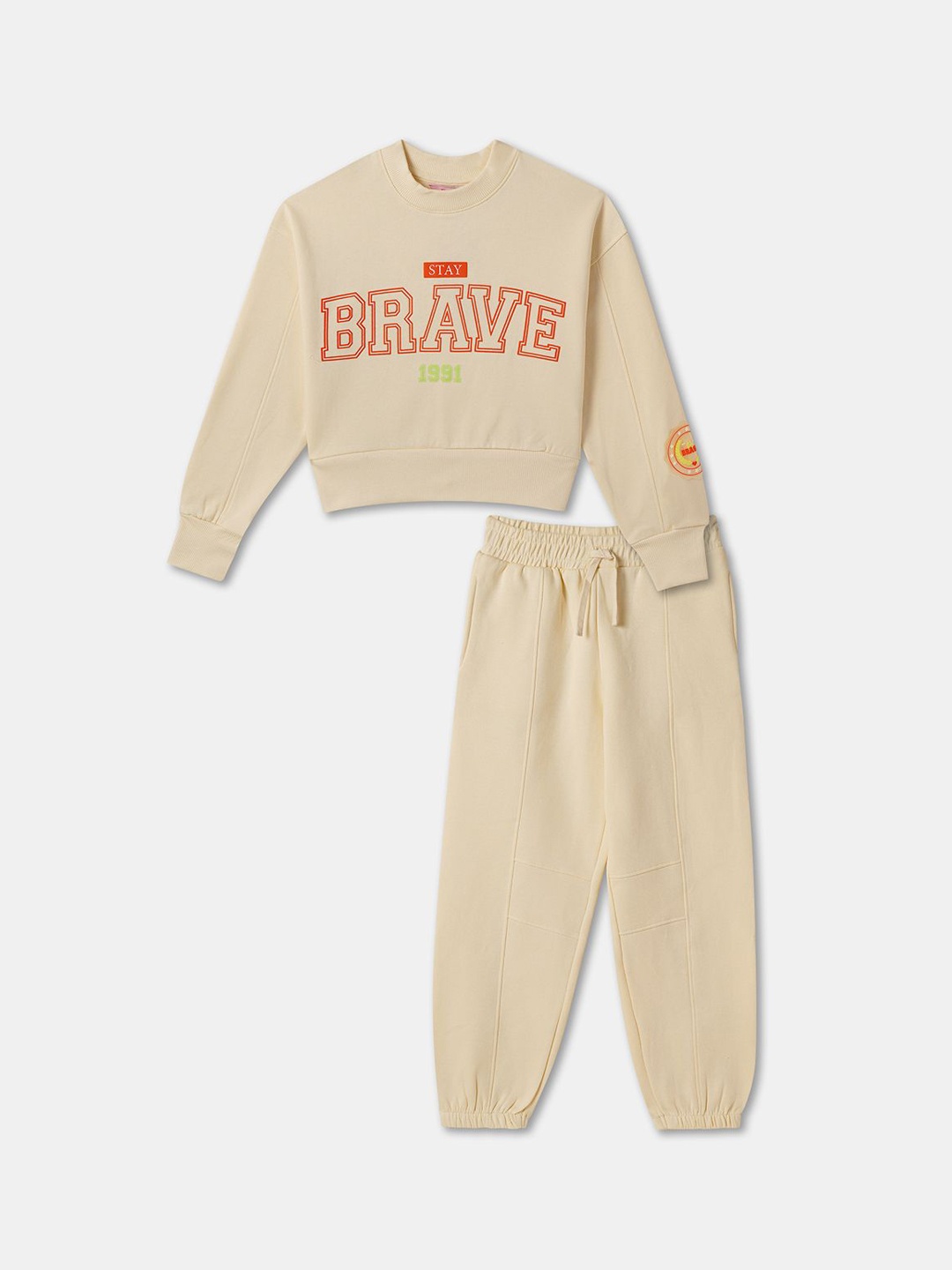 

R&B Girls Round Neck Printed Sweatshirt and Joggers, Beige