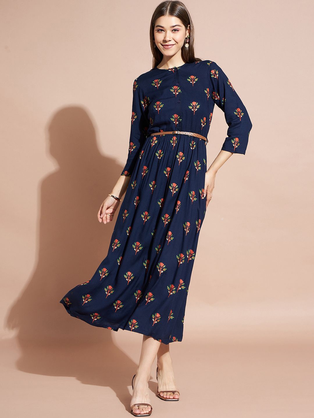 

DressBerry Women Cotton Floral Printed Fit & Flare Maxi Dress, Navy blue