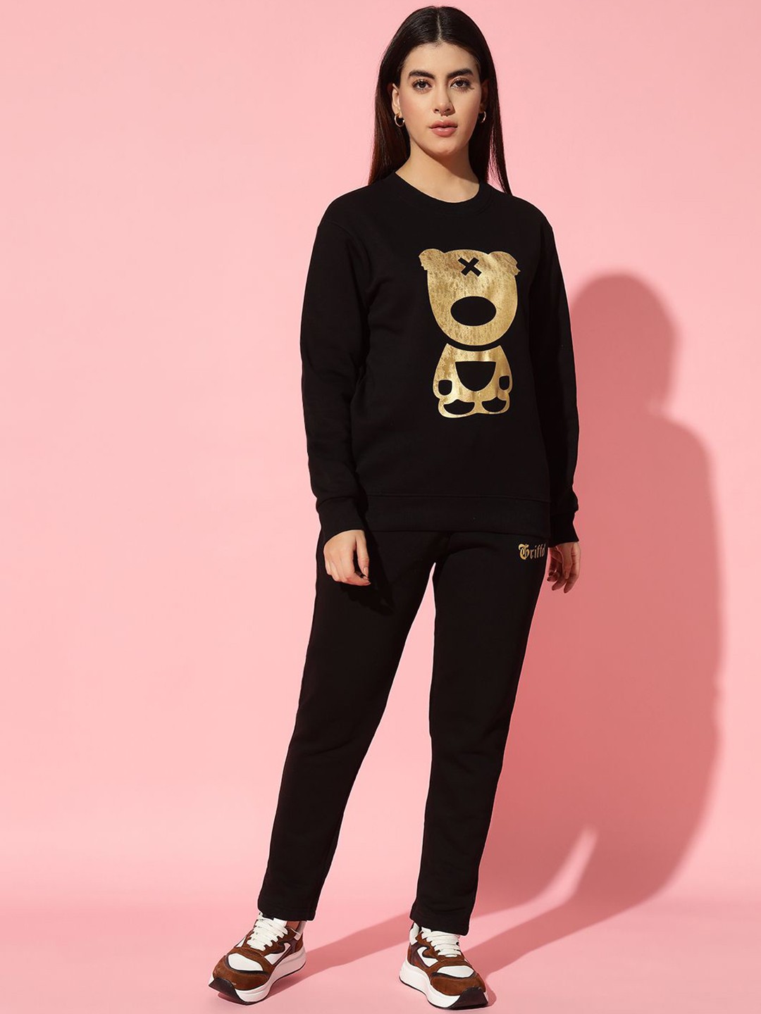 

GRIFFEL Women Pure Cotton Printed T-shirt & Trousers, Black