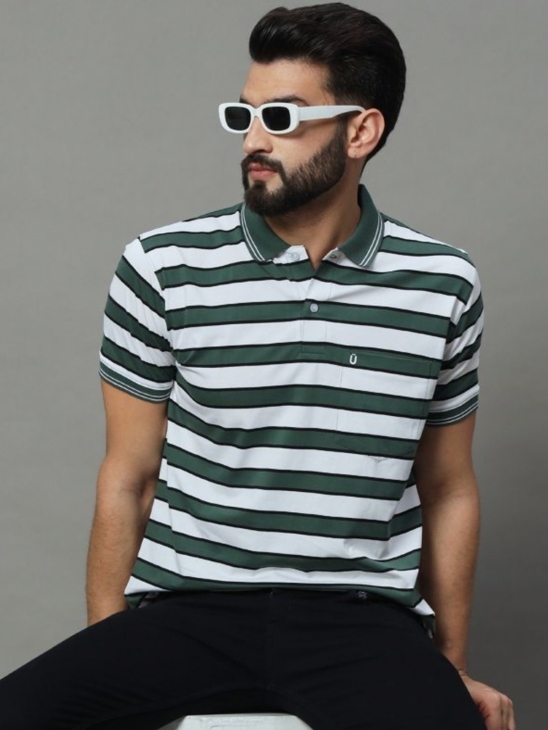 

UNIBERRY Men Striped Polo Collar T-shirt, Green