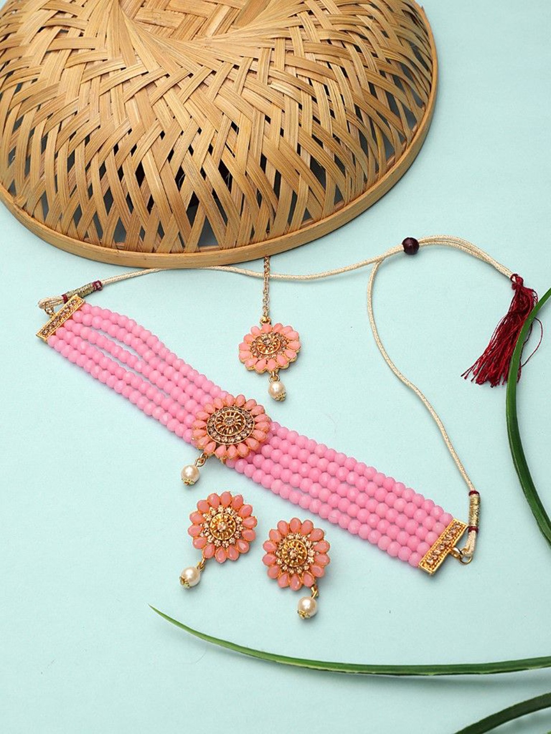 

CARDINAL Stone Studded & Beaded Necklace and Earrings With Maang Tika, Gold