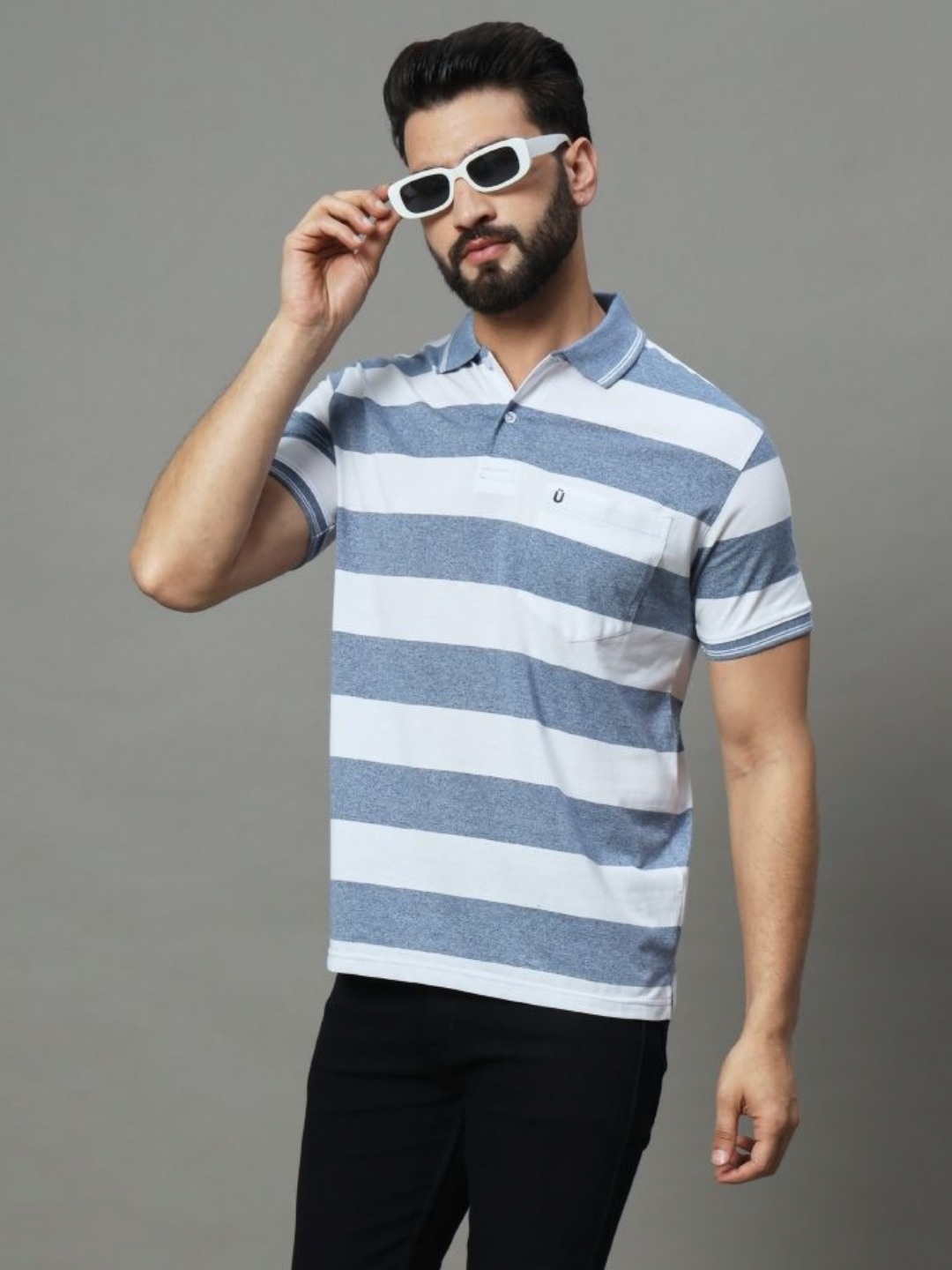 

UNIBERRY Men Striped Polo Collar T-shirt, Blue