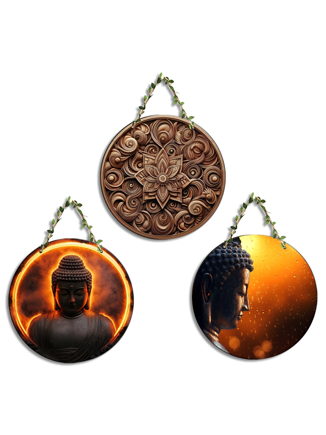 

SEHAZ ARTWORKS New circle Brown & Orange 3 Pieces Printed Wooden Wall Hanging Decor