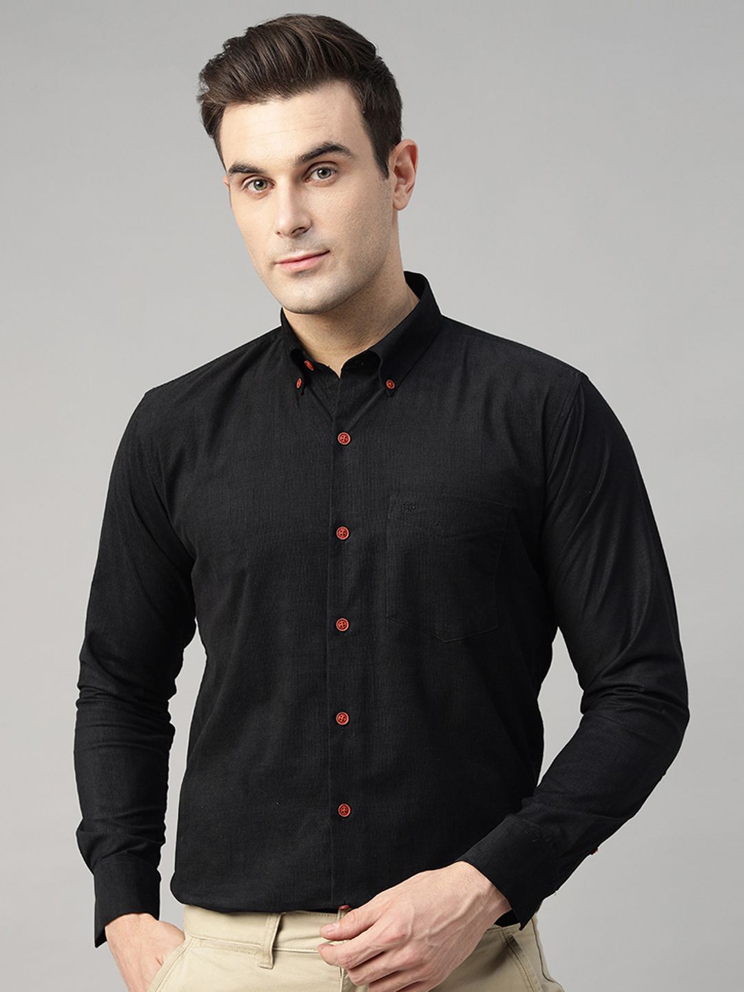 

Men Classic Slim Fit Pure Cotton Corduroy Opaque Formal Shirt, Black
