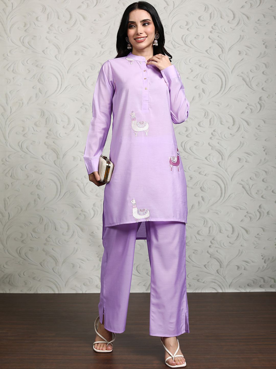 

Vishudh Band Collar Embroidered Tunic With Palazzo, Lavender