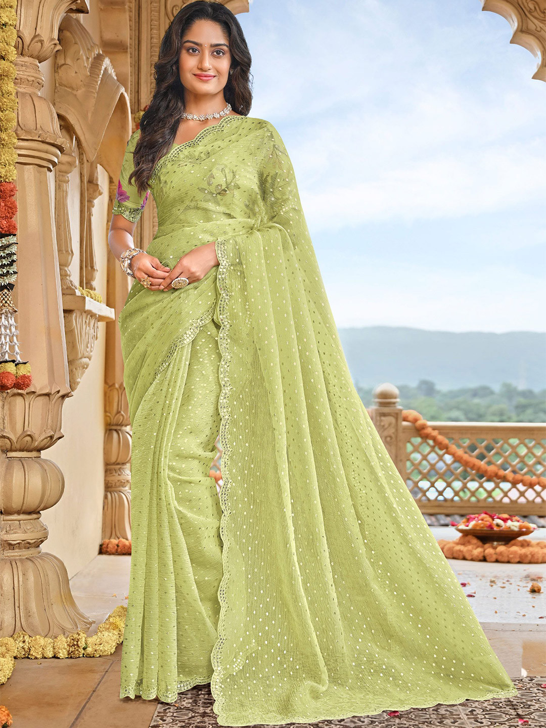 

Laxmipati Floral Sequinned Silk Blend Saree, Green
