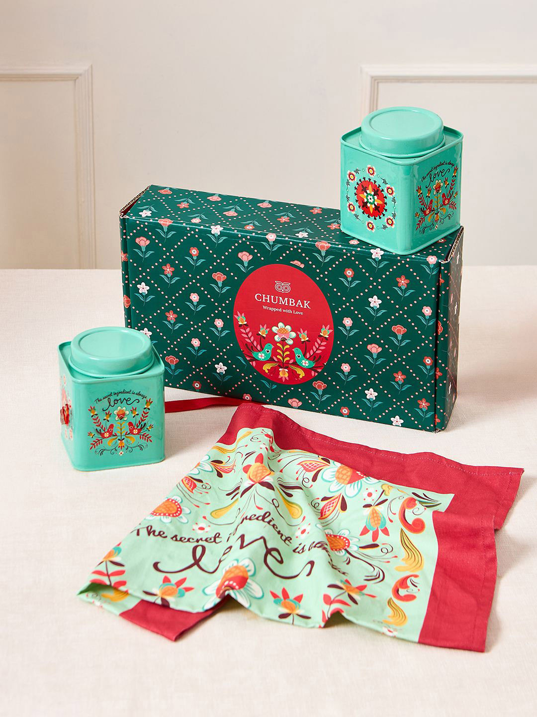

Chumbak 3Pcs Green & Red Printed Kitchen Towel & Storage Jars Home Gift Set