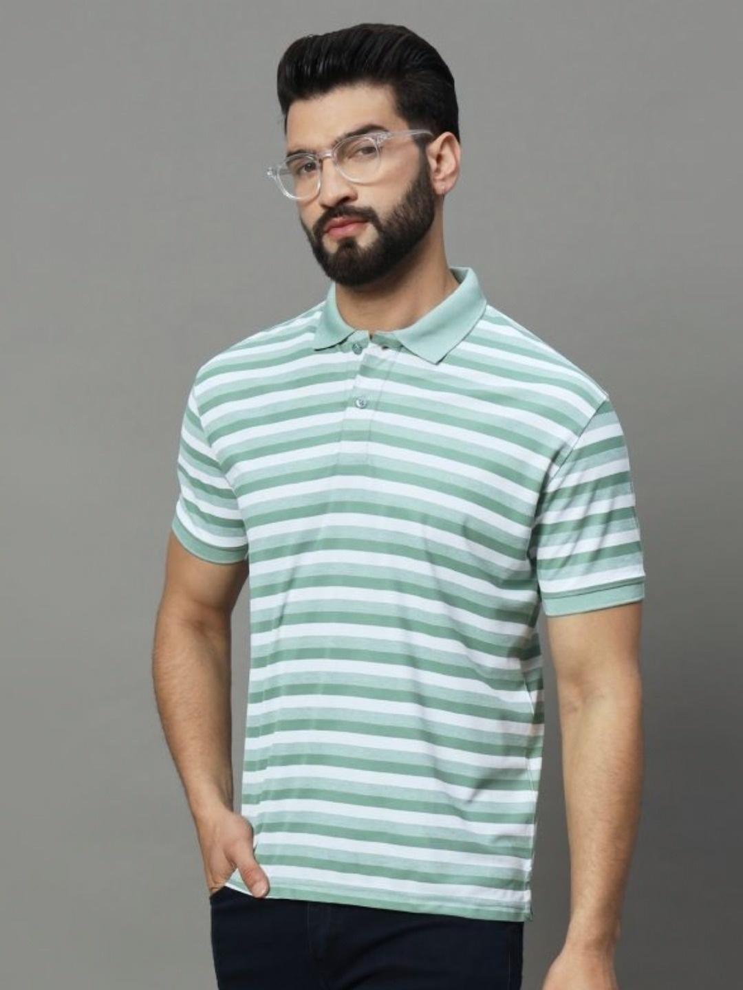 

UNIBERRY Men Striped Polo Collar T-shirt, Sea green