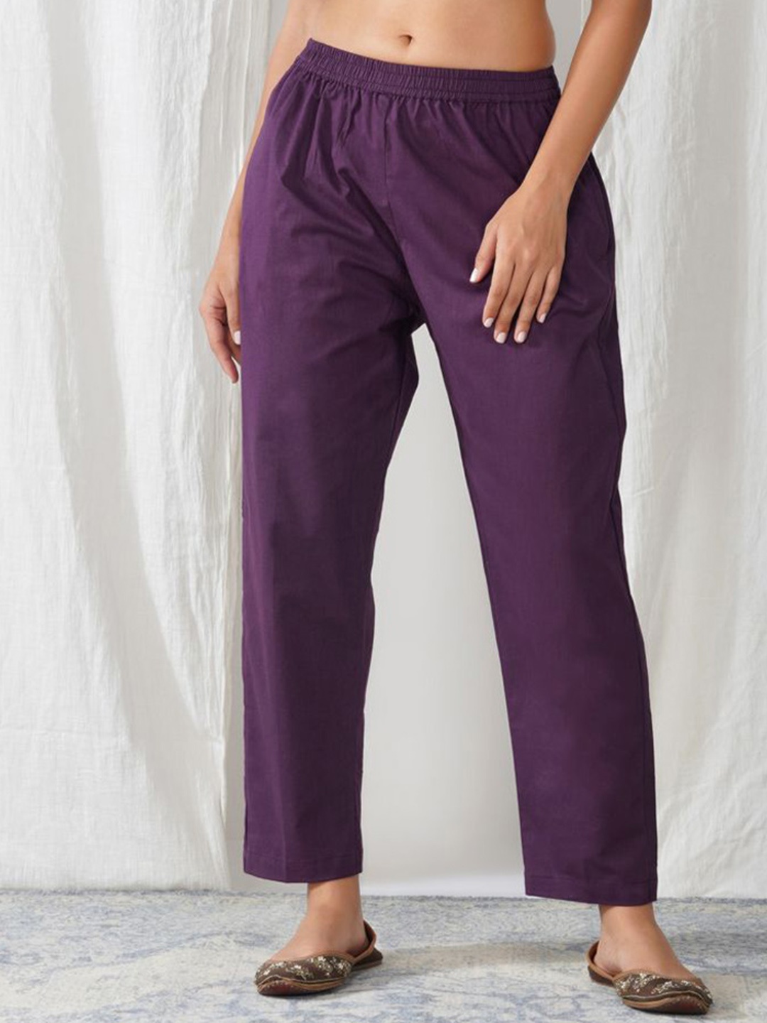 

zuri Women Relaxed Straight Leg Mid-Rise Cotton Trousers, Purple