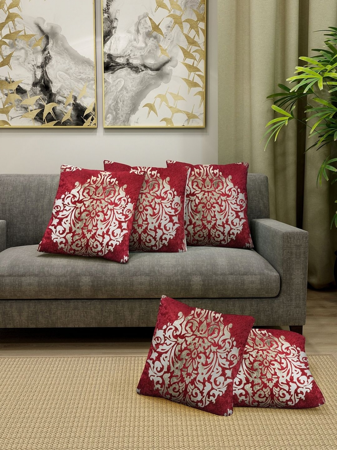 

Aura Maroon & Beige 5 Pieces Printed Velvet Square Cushion Covers