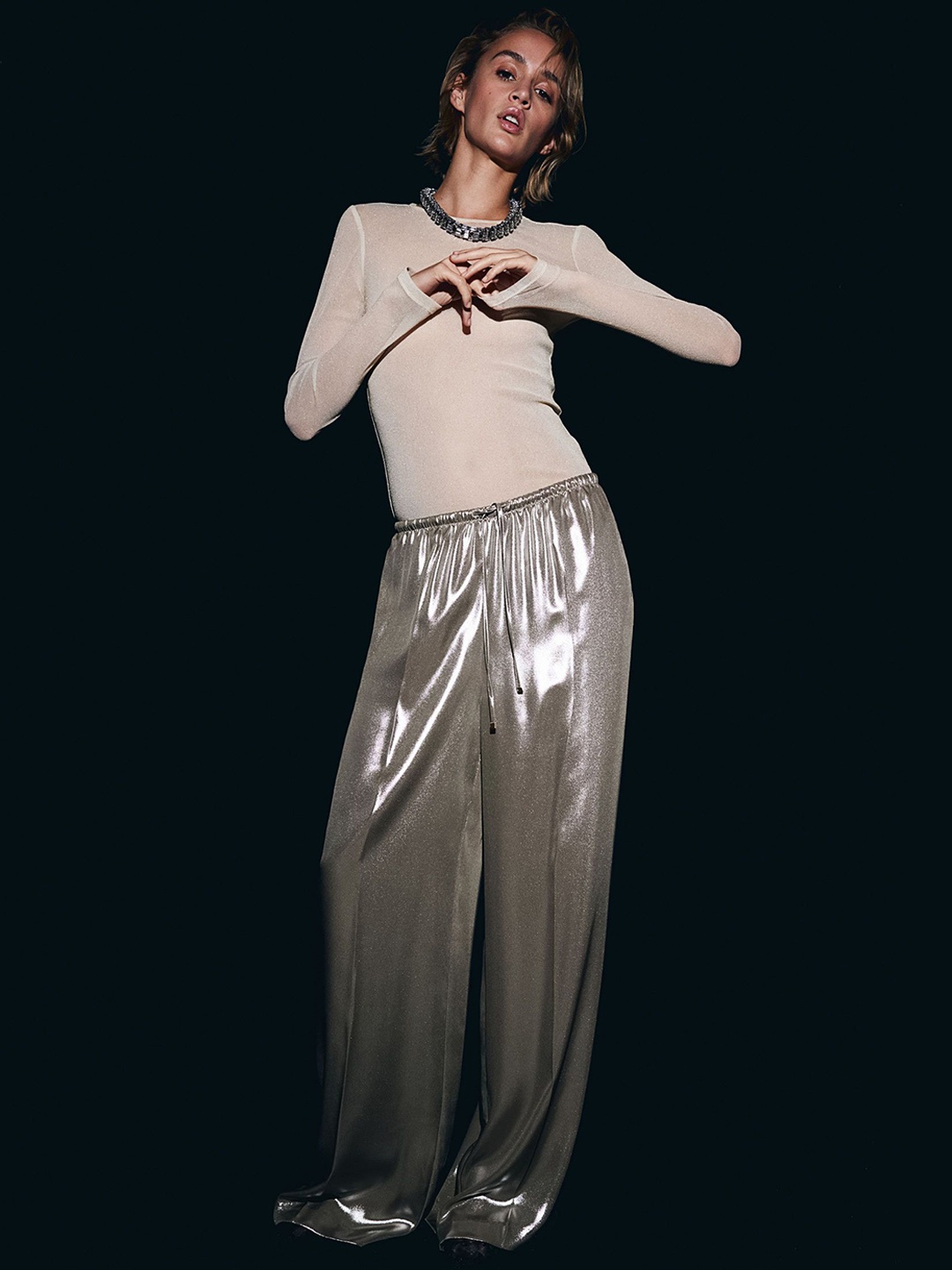 

H&M Women Wide Drawstring Trousers, Beige