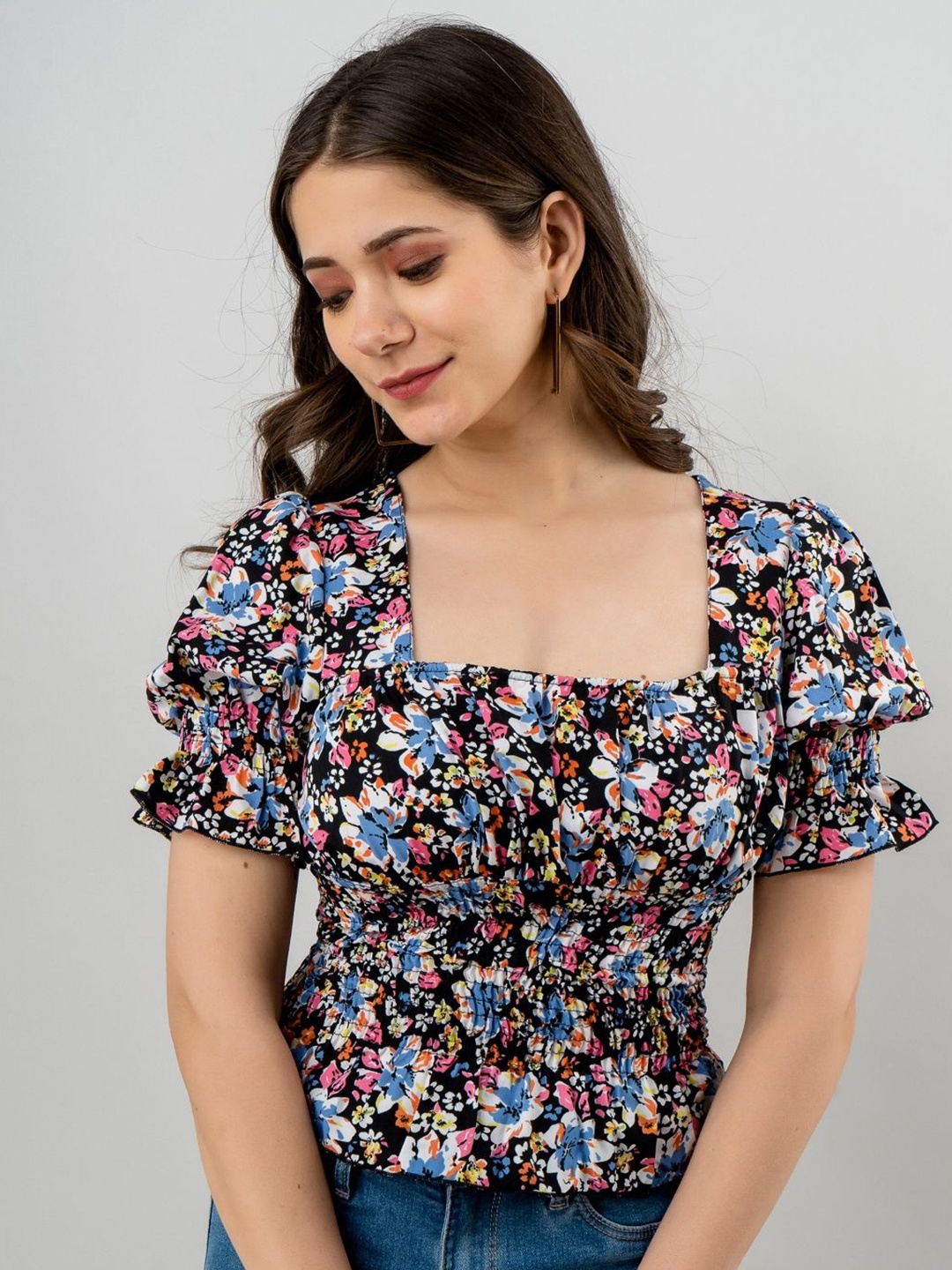 

all about you Floral Print Puff Sleeve Crop Top, Multi