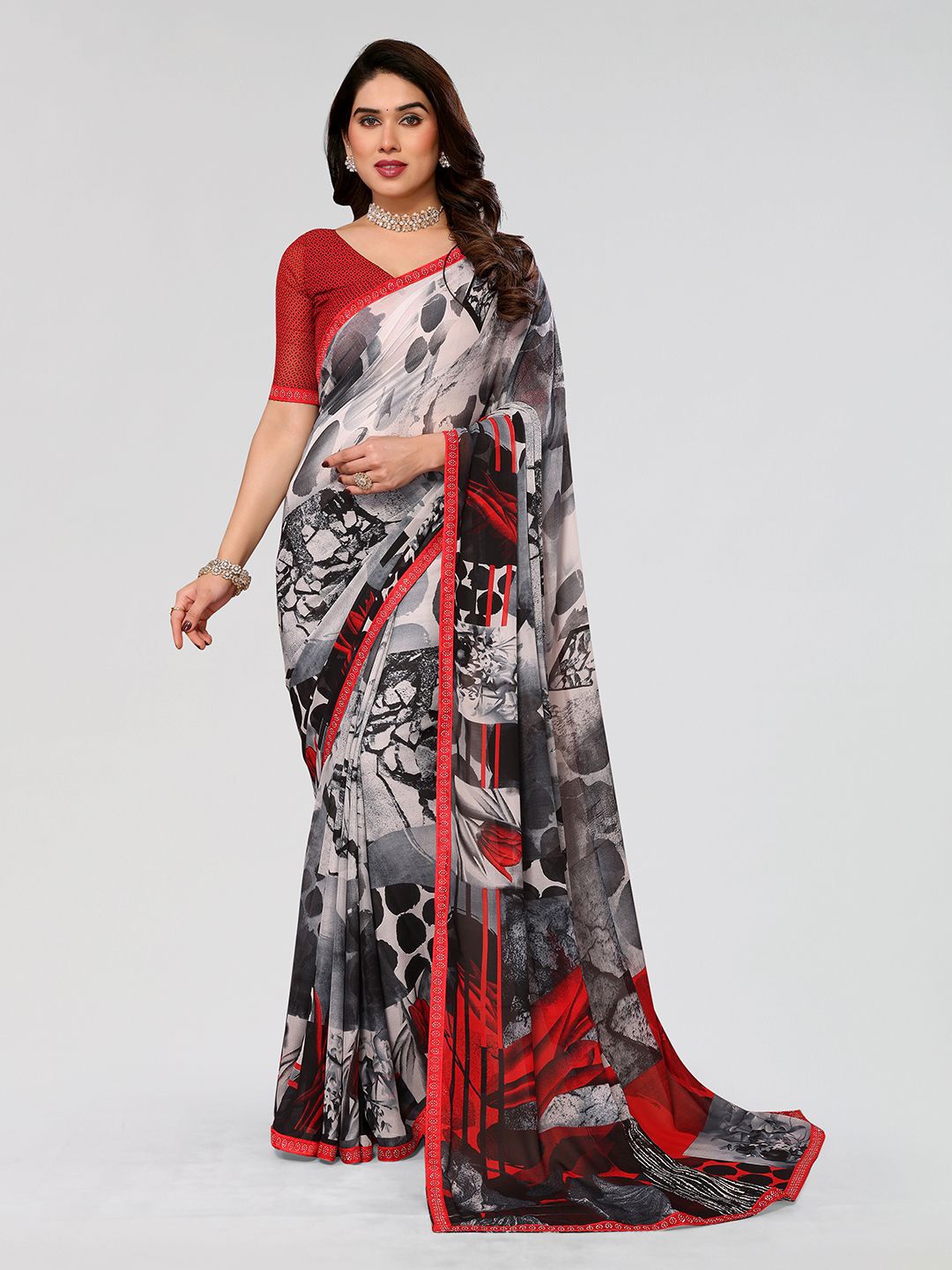 

ANAND SAREES Floral Pure Georgette Saree, Grey
