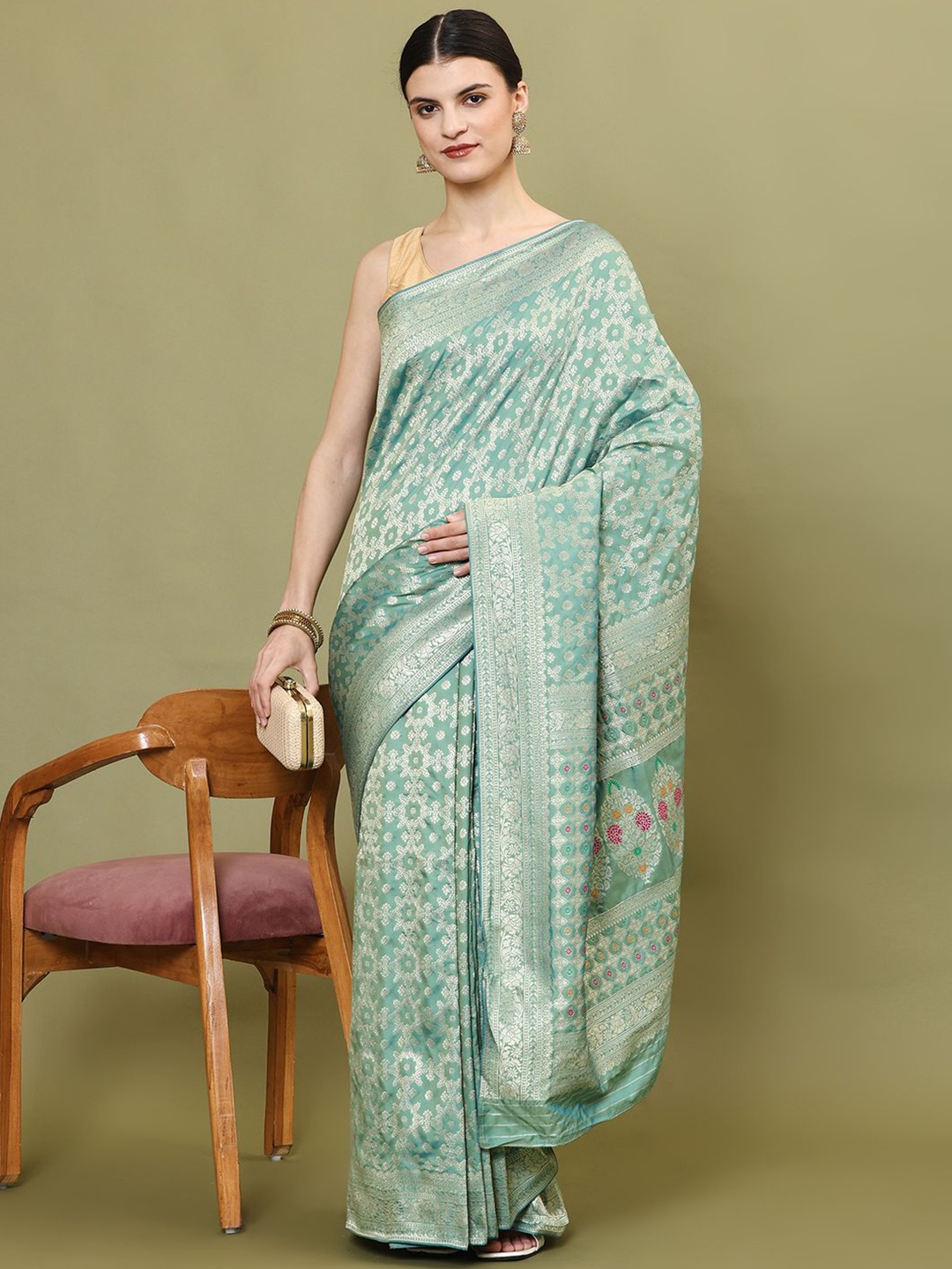 

Meena Bazaar Art Silk Banarasi Saree, Sea green