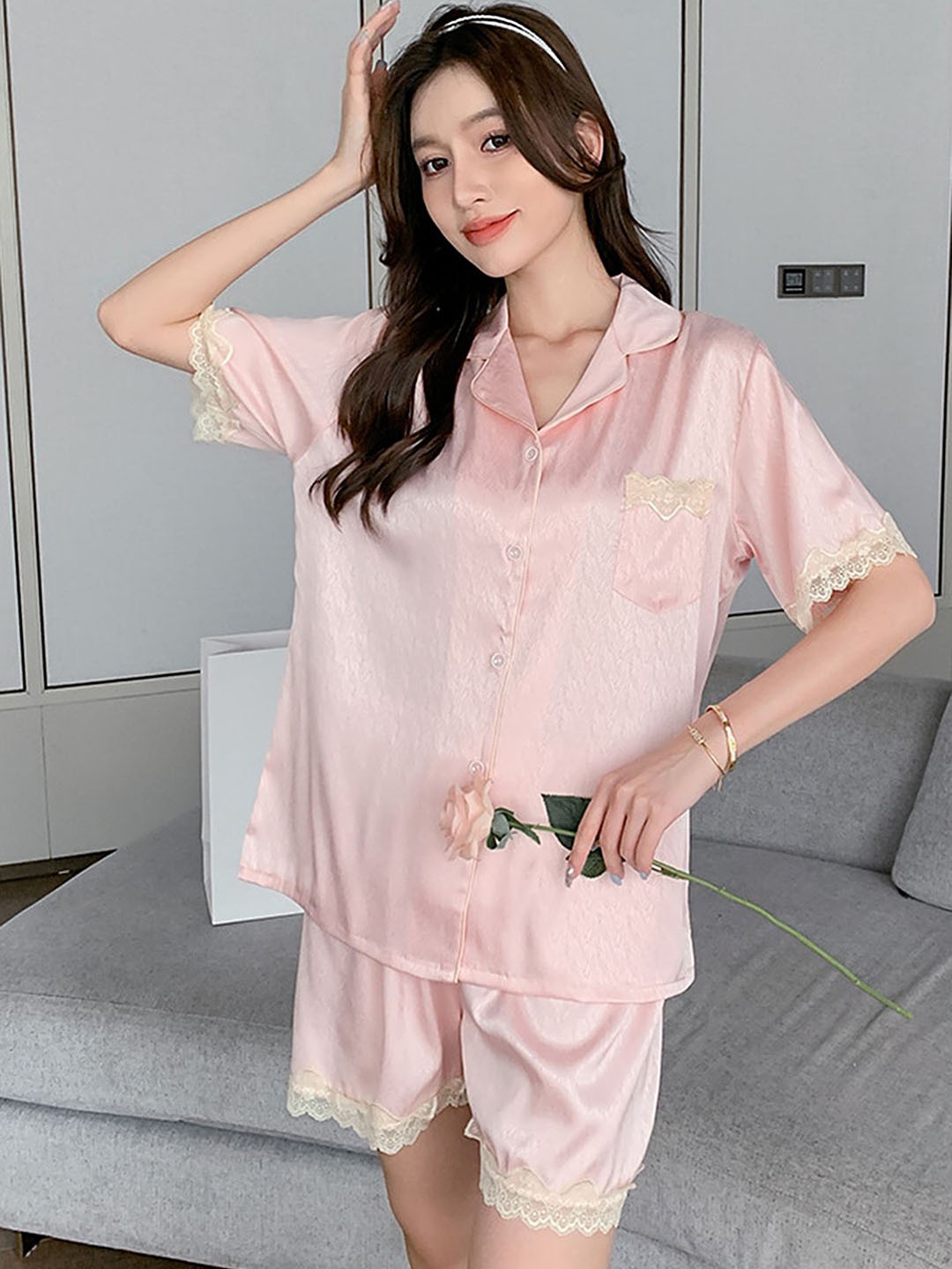 

LULU & SKY Women Lapel Collar Night suit, Pink