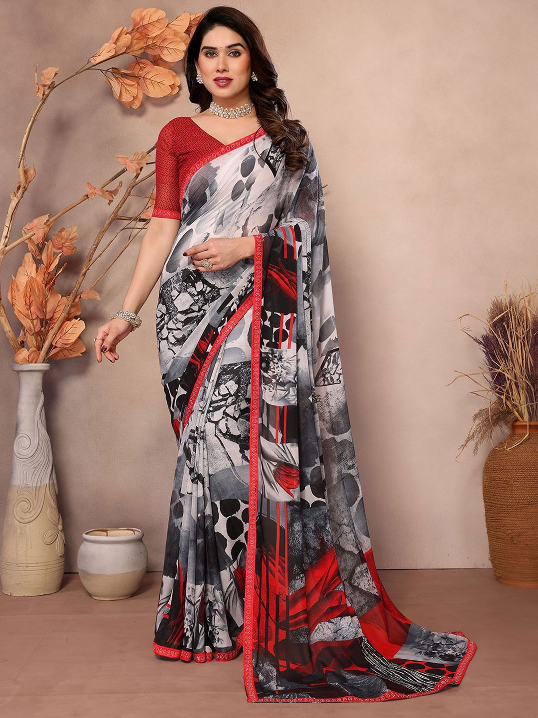 

ANAND SAREES Floral Beads and Stones Pure Georgette Saree, Blue