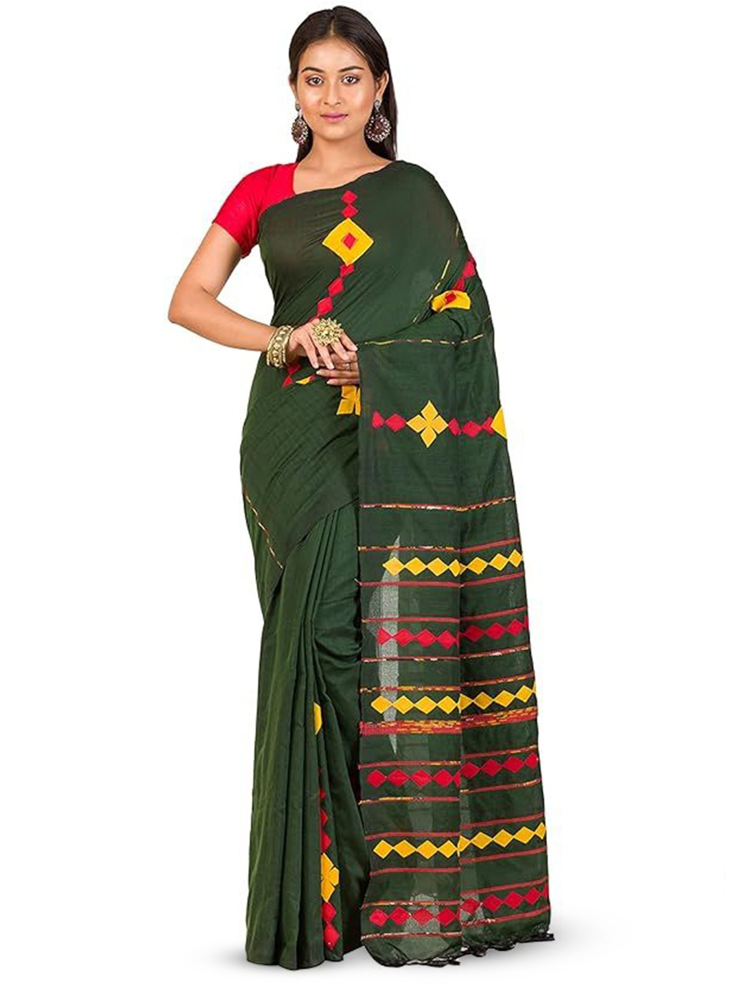 

RAJ SAREE HOUSE Ethnic Motifs Printed Pure Cotton Taant Saree, Green