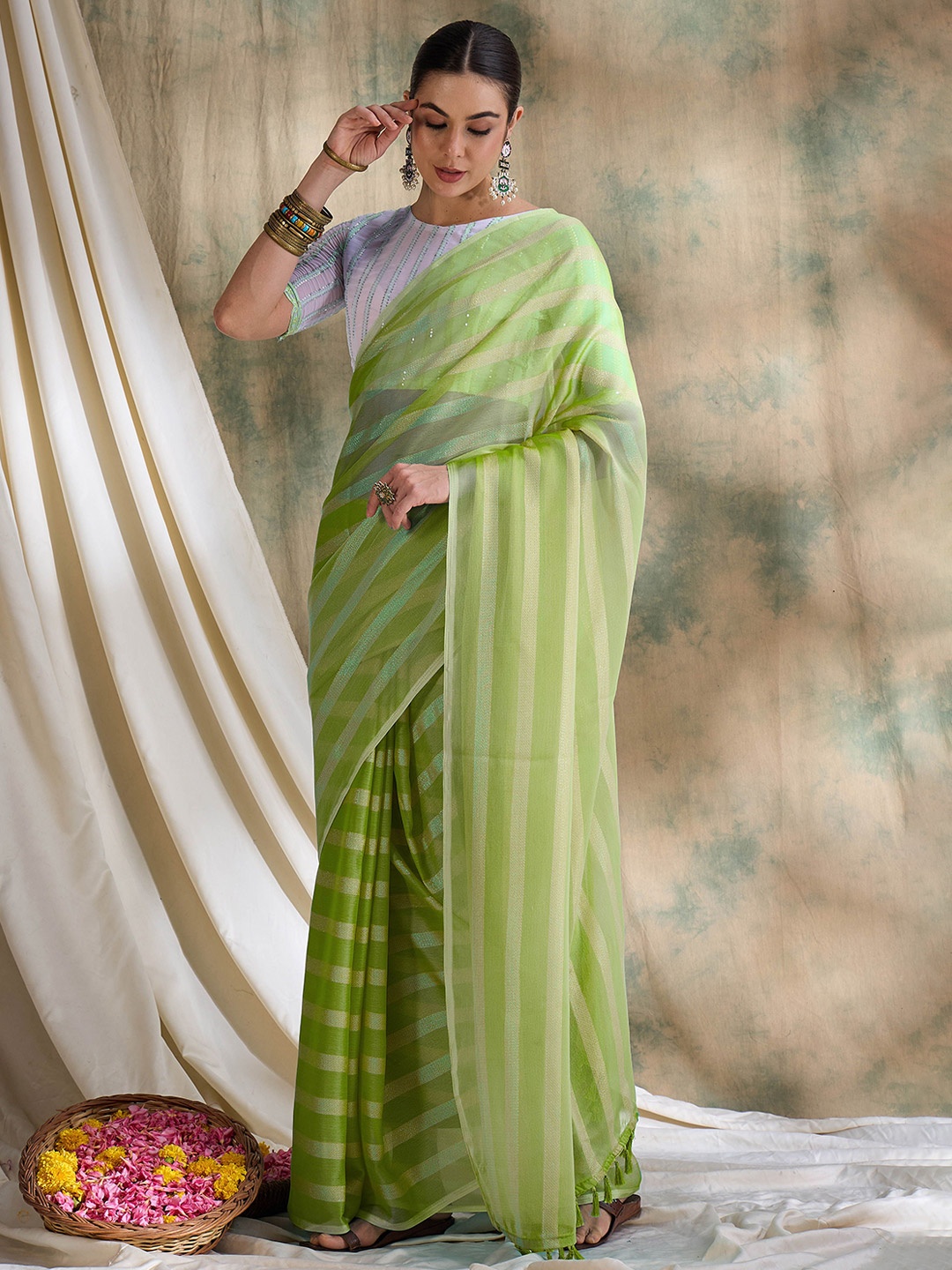 

Suha Striped Sequinned Art Silk Saree, Green