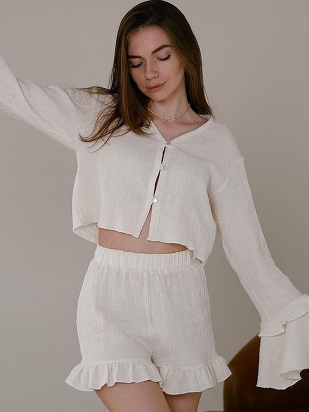

LULU & SKY Women Pure Cotton V-Neck Night suit, Beige