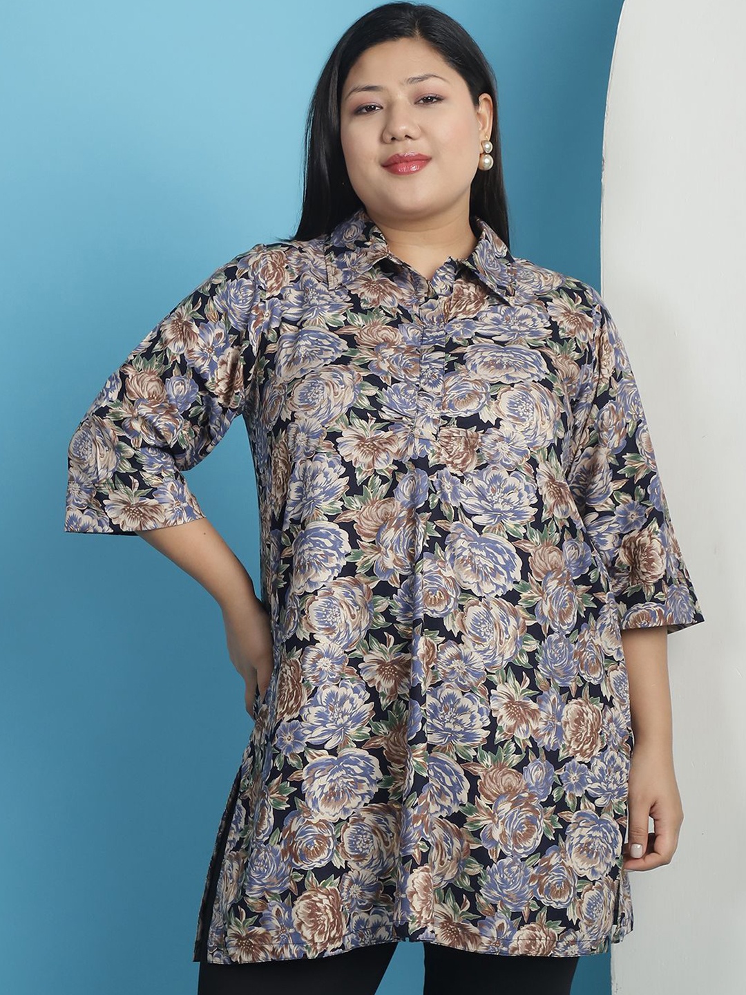 

theRebelinme Floral Print Shirt Style Longline Top, Navy blue
