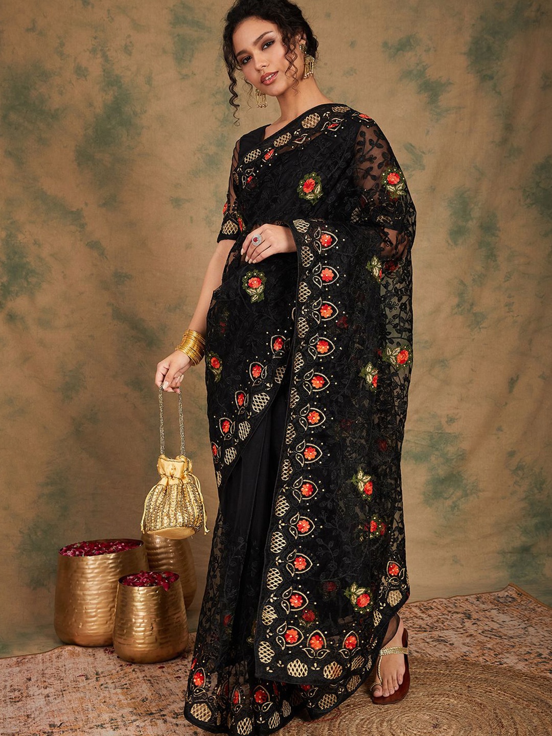 

Suha Floral Embroidered Supernet Saree, Black