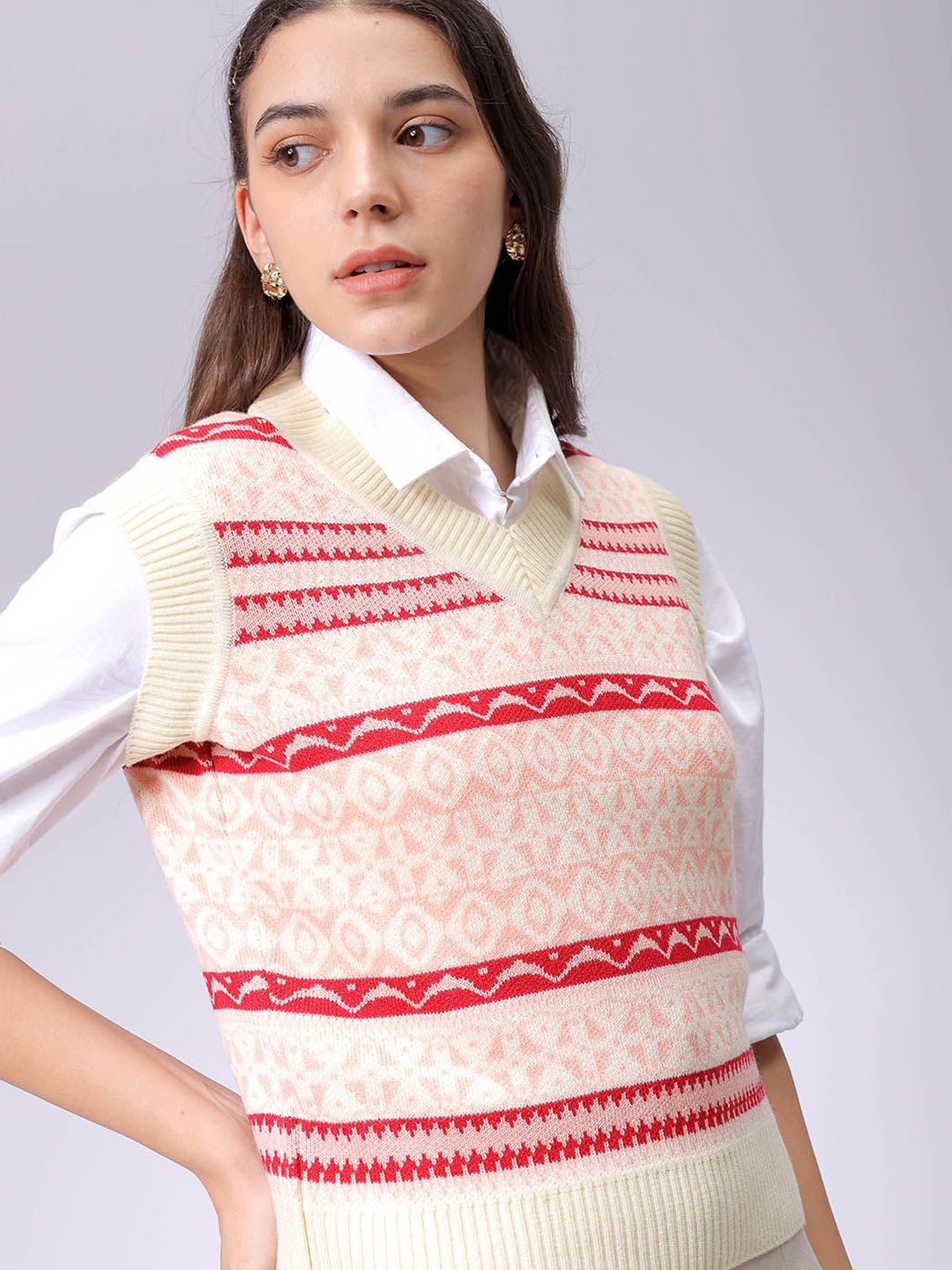 

Freehand by The Indian Garage Co Women Printed Sweater Vest, White