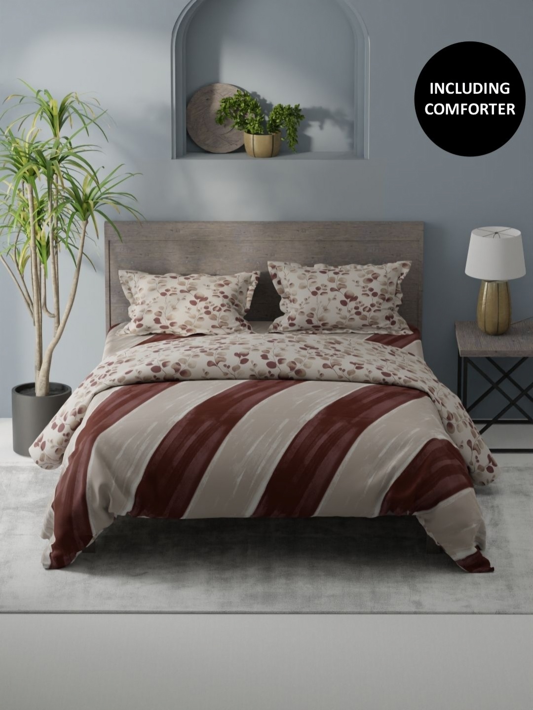 

KOPA Brown & Beige 3 Pcs Striped Cotton Queen Comforter & Bedsheet 2 Pillow Covers