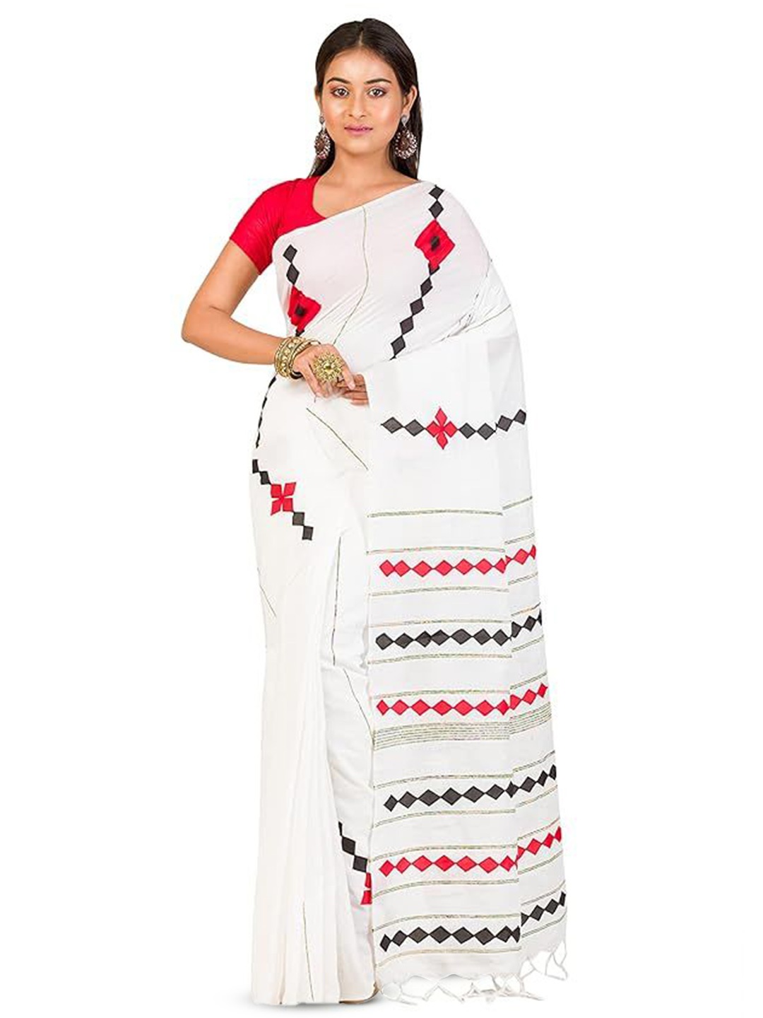 

RAJ SAREE HOUSE Pure Cotton Taant Saree, White