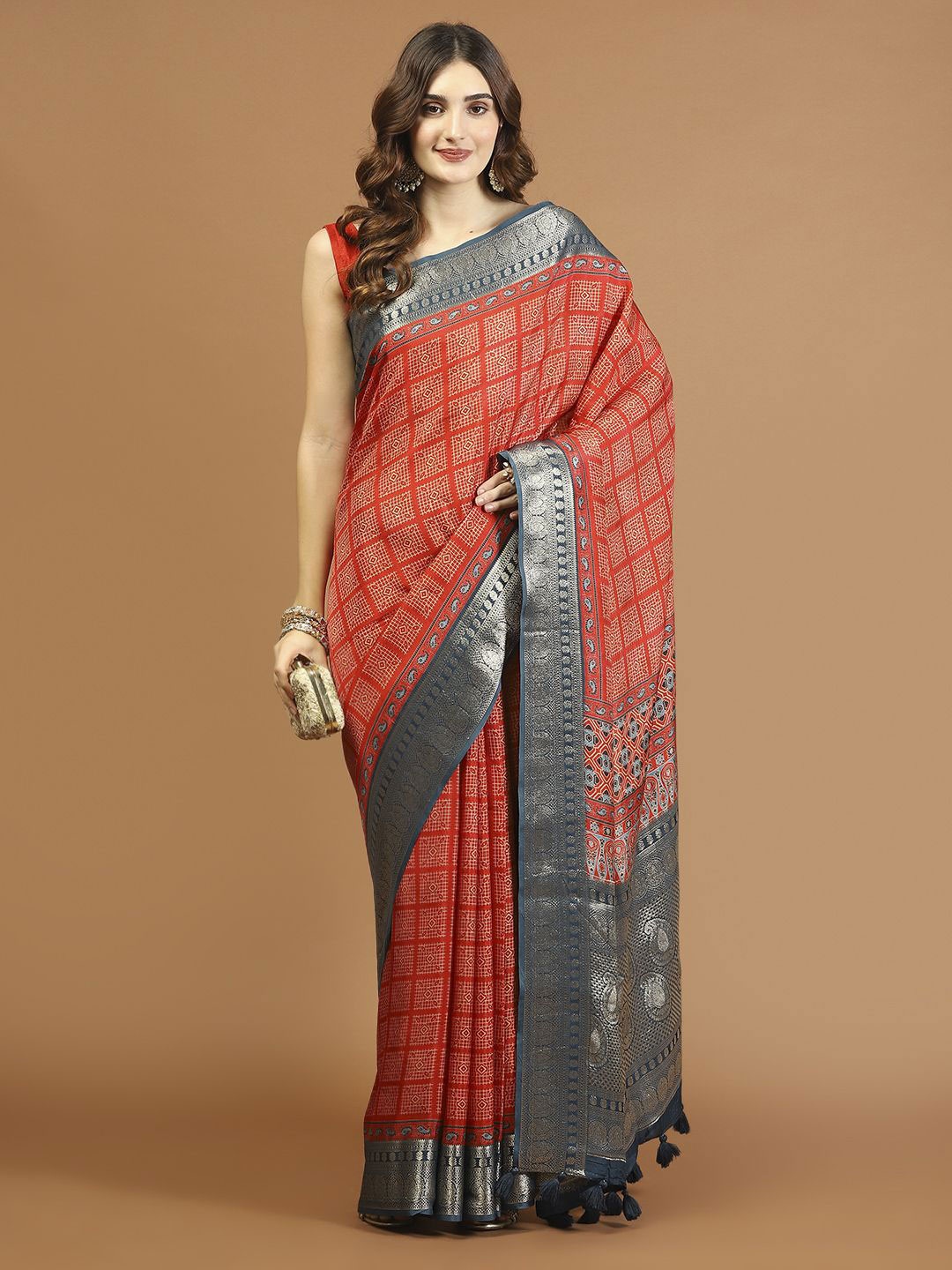 

Meena Bazaar Ethnic Motifs Zari Art Silk Saree, Red