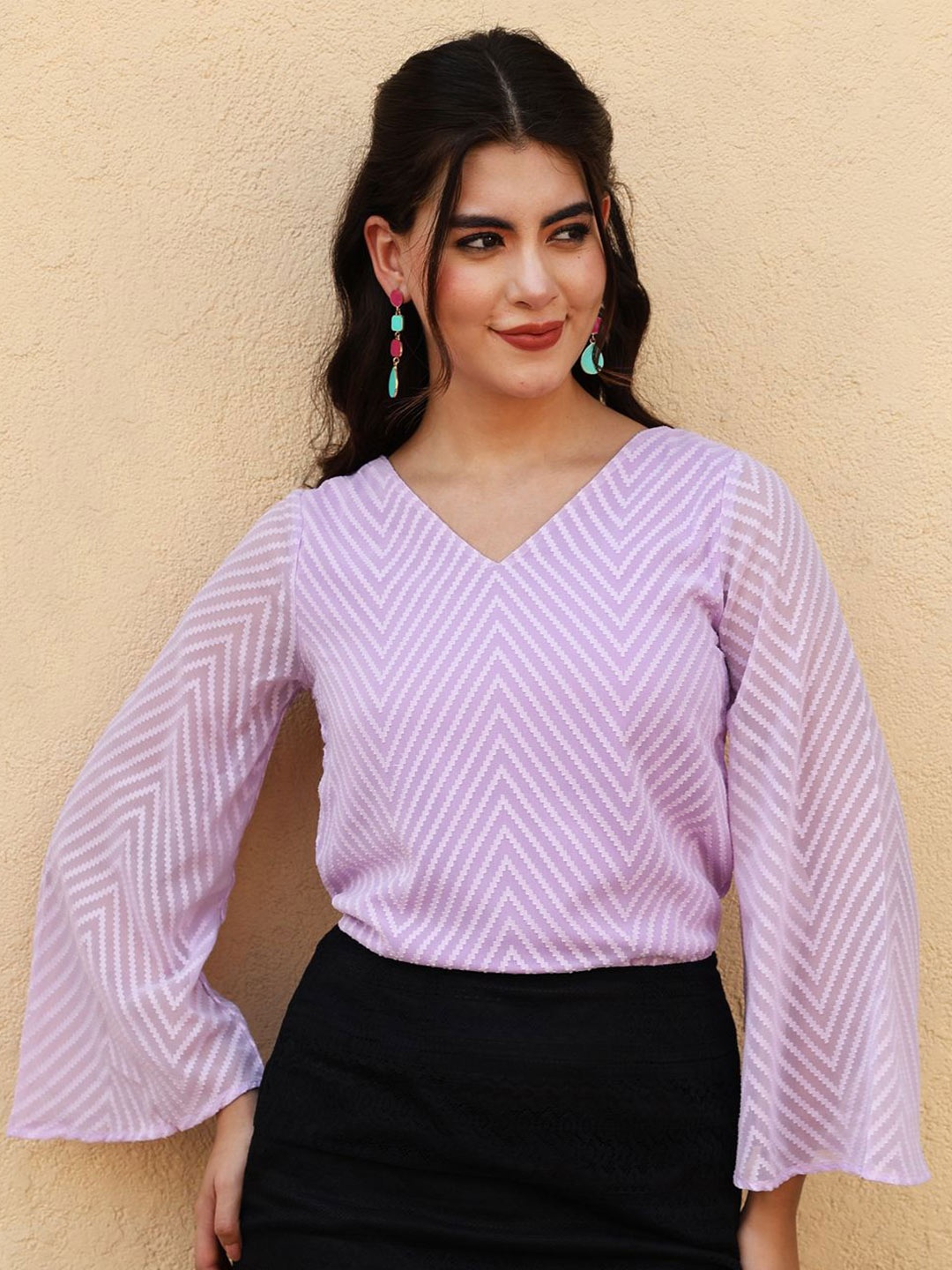 

AKIMIA Geometric Flared Sleeve Georgette Blouson Top, Lavender