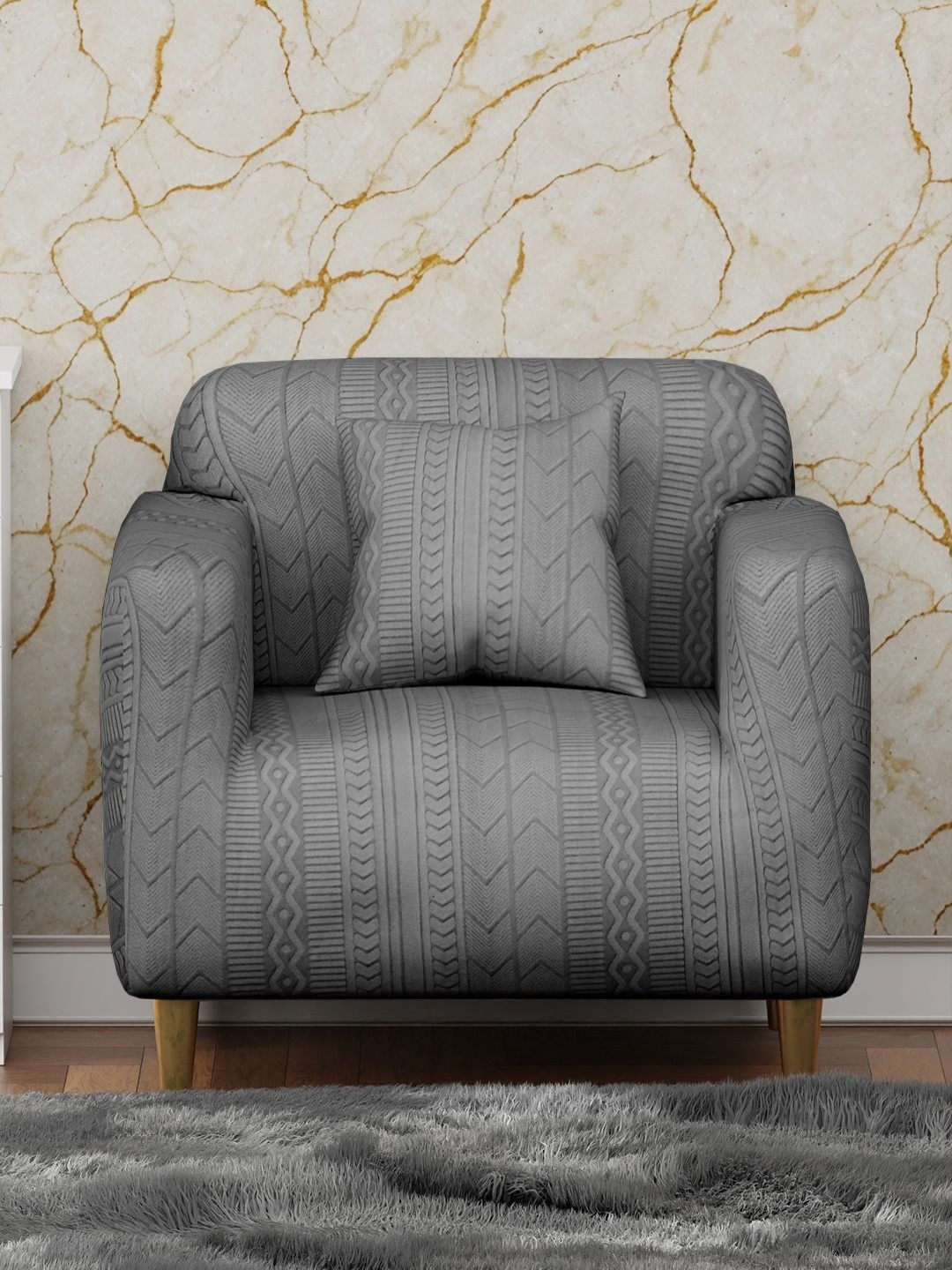 

Myntra Elegant Homes Grey Zigzag Pattern Single Seater Jacquard Sofa Cover & Cushion Cover