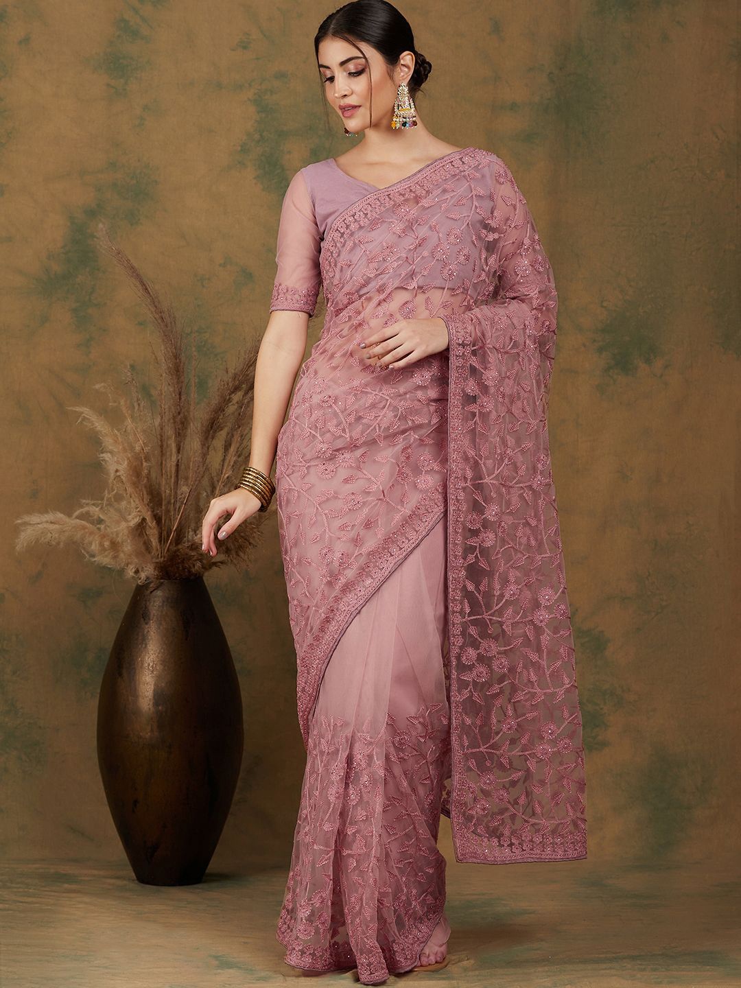 

Suha Embellished Embroidered Supernet Saree, Pink