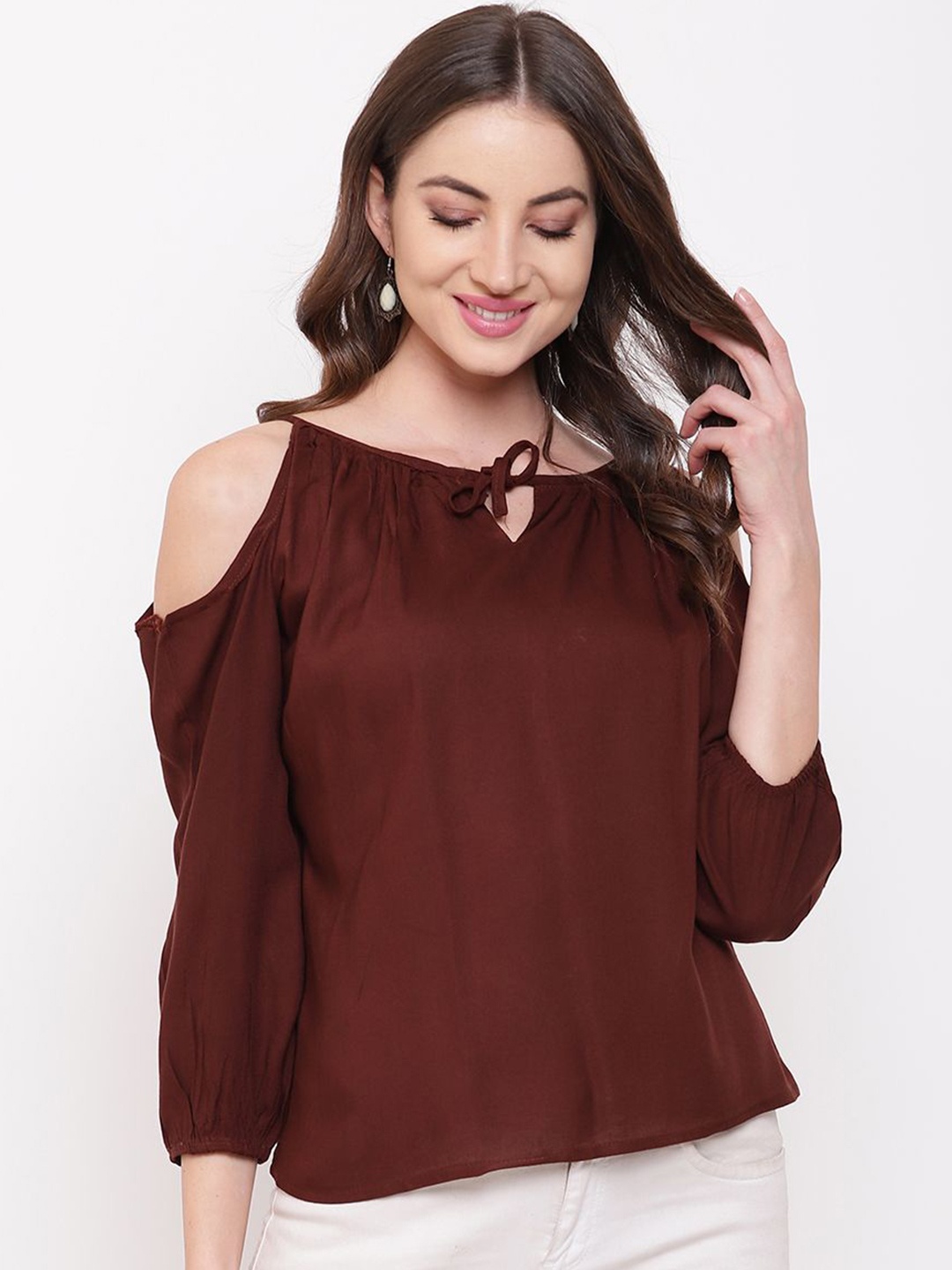 

DressBerry Women Keyhole Neck Cold-Shoulder Top, Brown