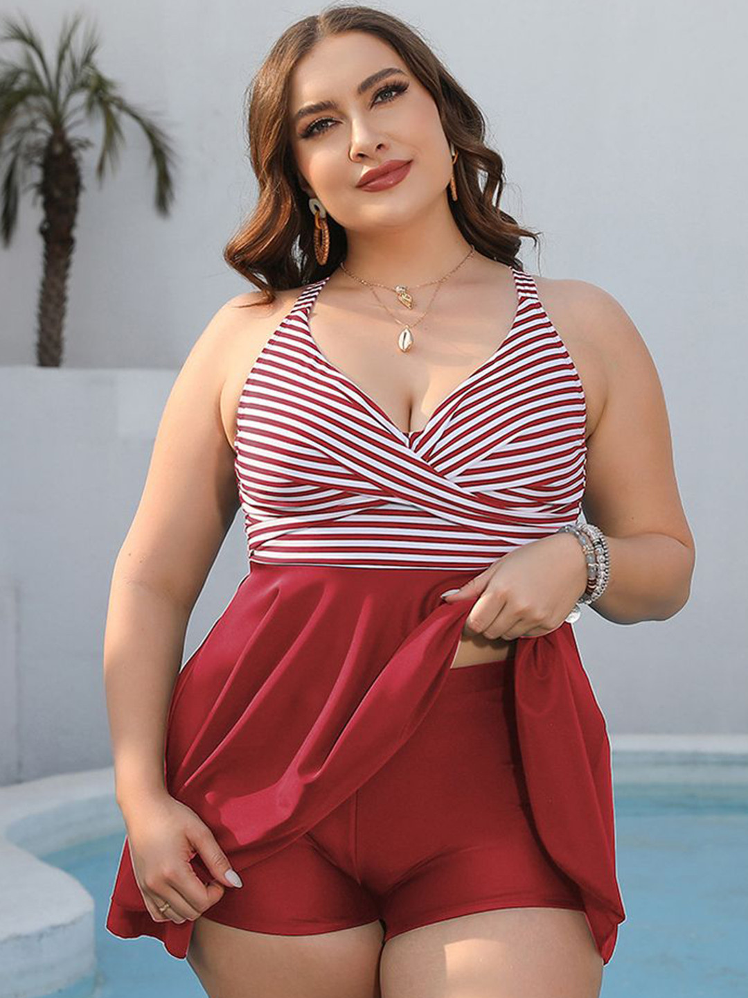 

Plus Curvves Women Plus Size Striped Swimwear With Attached Shorts, Maroon