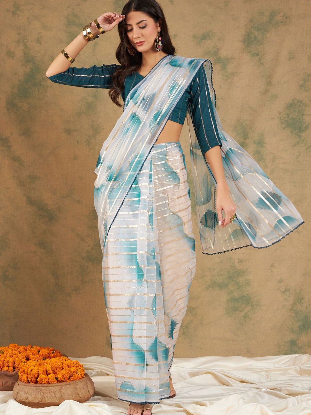 

Suha Striped Embroidered Organza Designer Saree, Blue